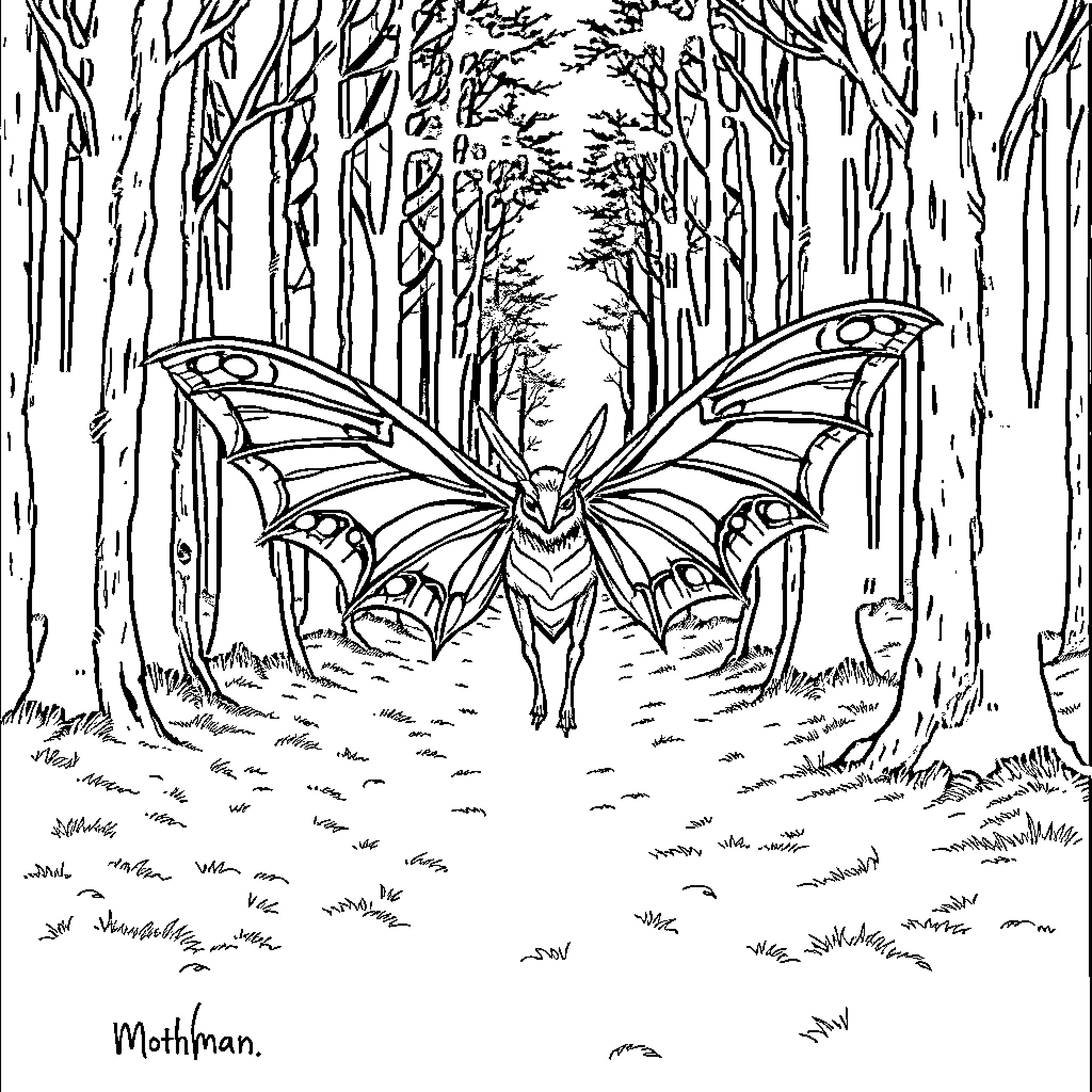 Mothman emerging from the mysterious forest Coloring Page (free black-and-white line drawing printable PDF for all, from beginners to advanced learners, including children, teens, adults, and seniors)