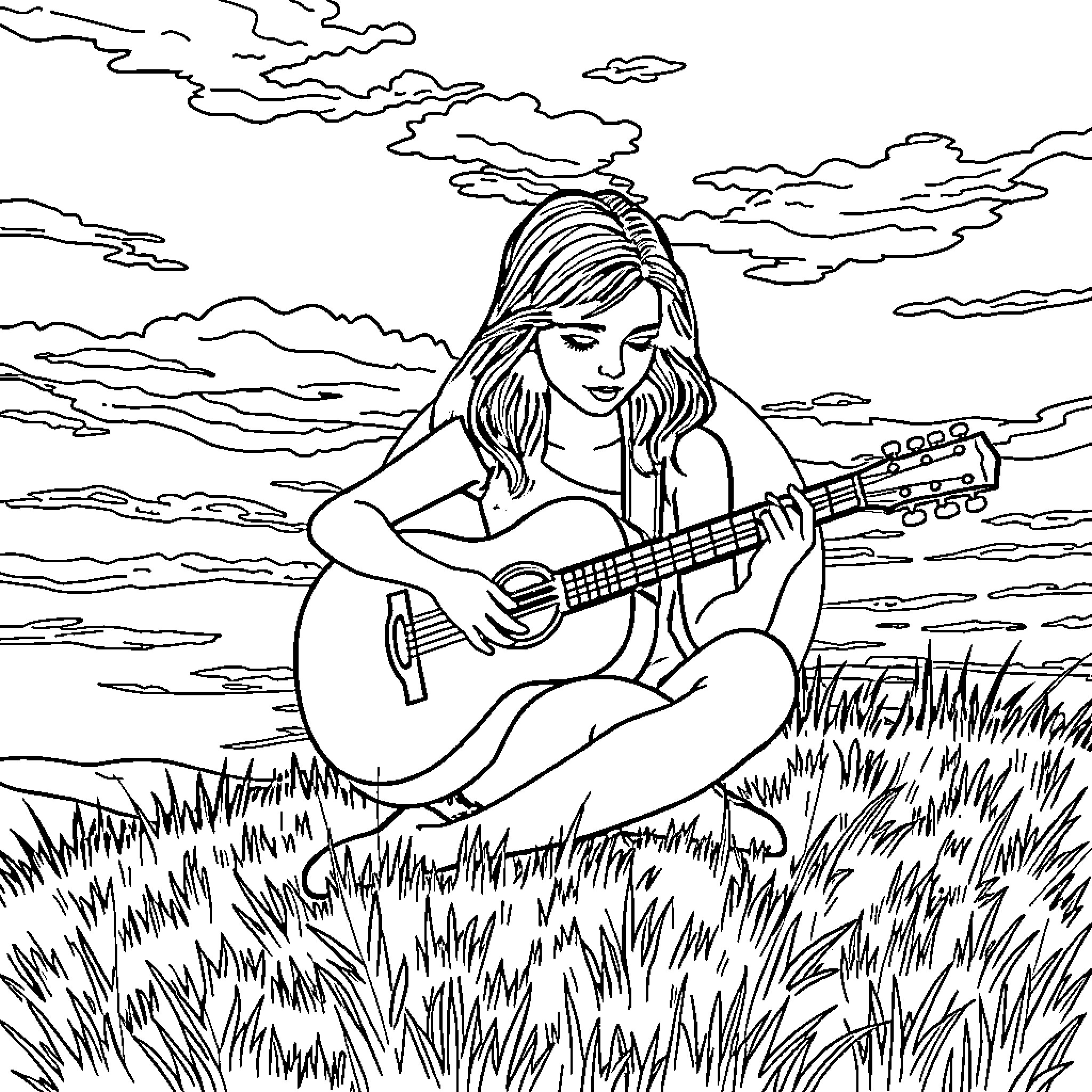 Caroline Bella playing guitar in a scenic meadow Coloring Page (free black-and-white line drawing printable PDF for all, from beginners to advanced learners, including children, teens, adults, and seniors)