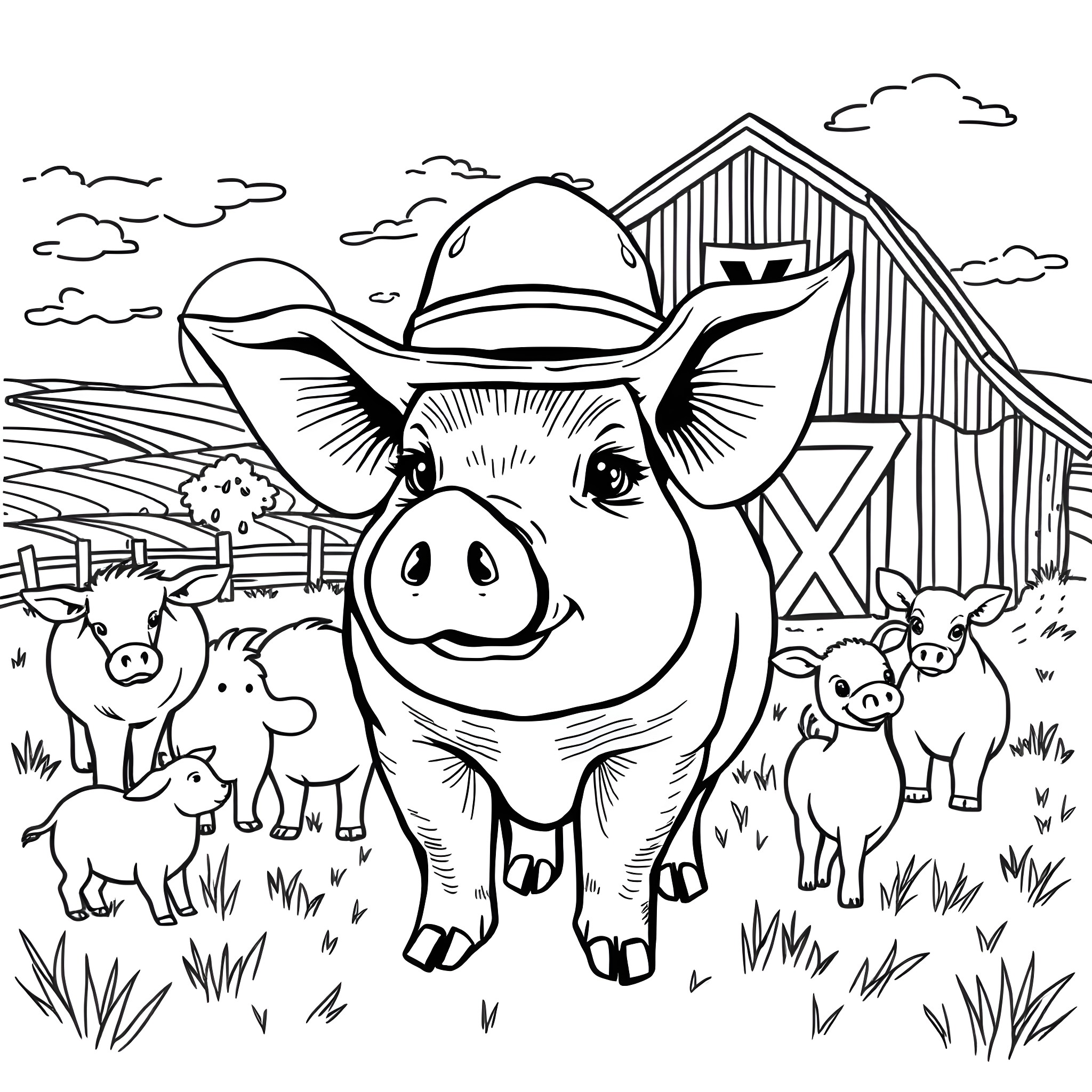 Pig wearing a cowboy hat in a farmyard Coloring Page (free black-and-white line drawing printable PDF for all, from beginners to advanced learners, including children, teens, adults, and seniors)