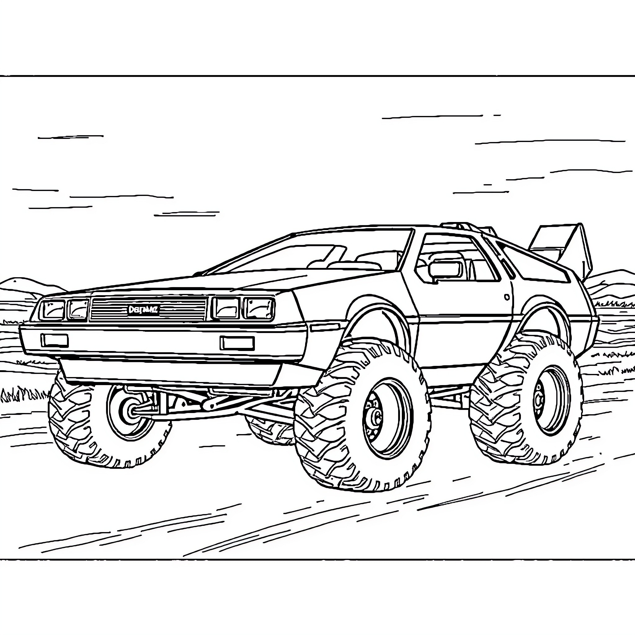 DeLorean off-road vehicle traversing rugged terrain Coloring Page (free black-and-white line drawing printable PDF for all, from beginners to advanced learners, including children, teens, adults, and seniors)