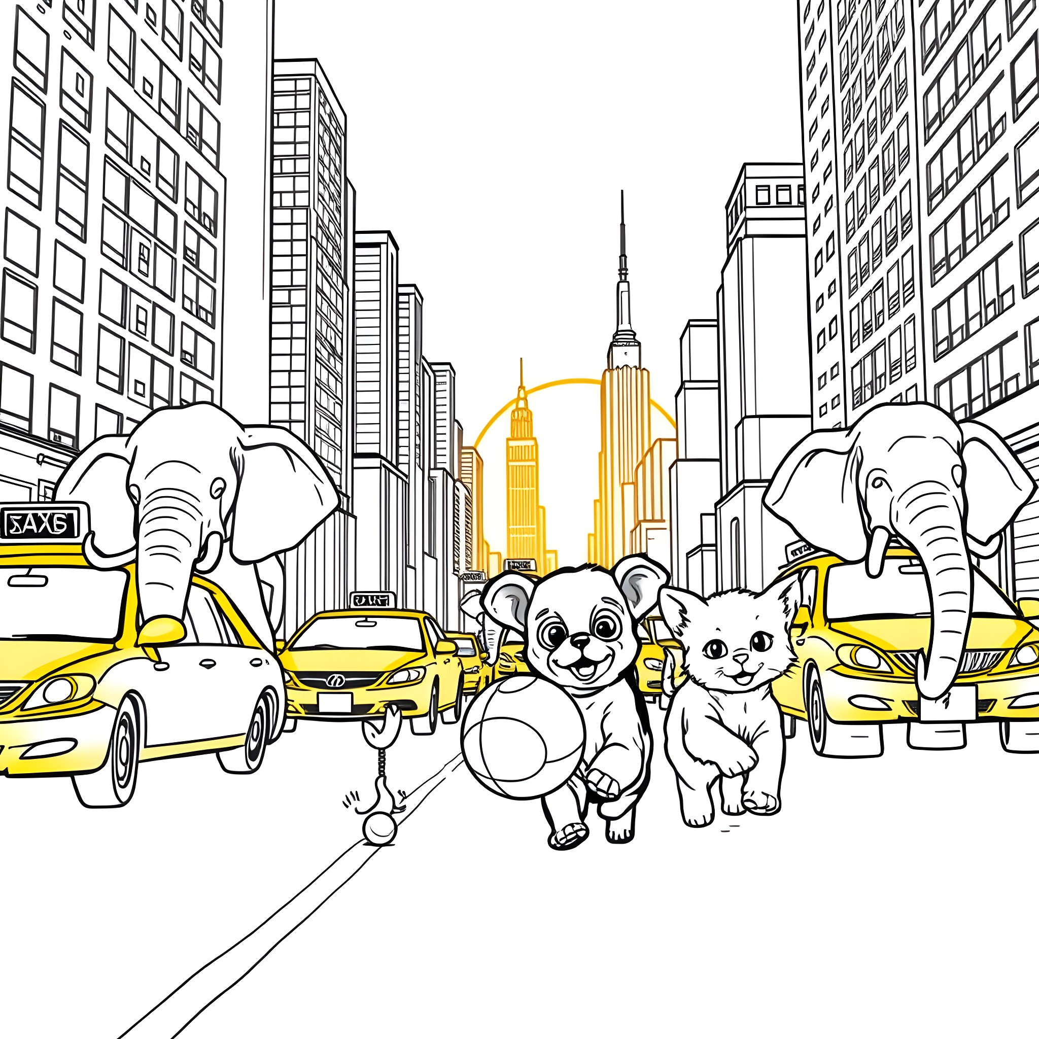 Kitten companions exploring the busy city streets Coloring Page (free black-and-white line drawing printable PDF for all, from beginners to advanced learners, including children, teens, adults, and seniors)