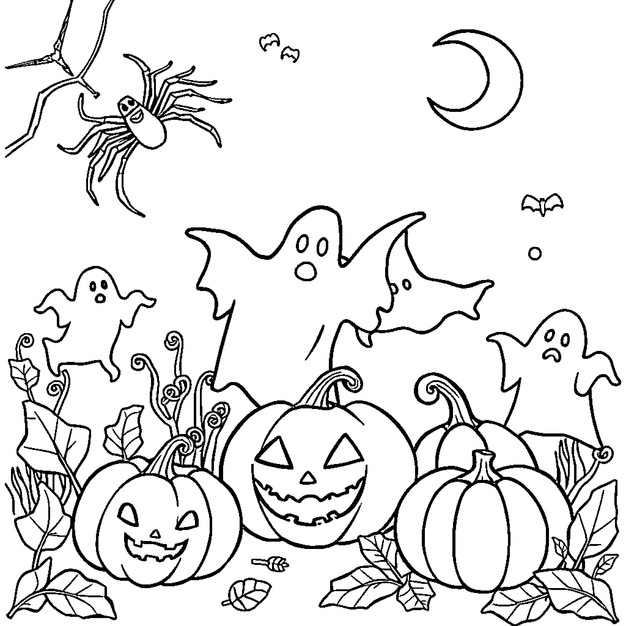 Halloween Spooky Scene with Pumpkins and Ghosts Coloring Page (free black-and-white line drawing printable PDF for all, from beginners to advanced learners, including children, teens, adults, and seniors)