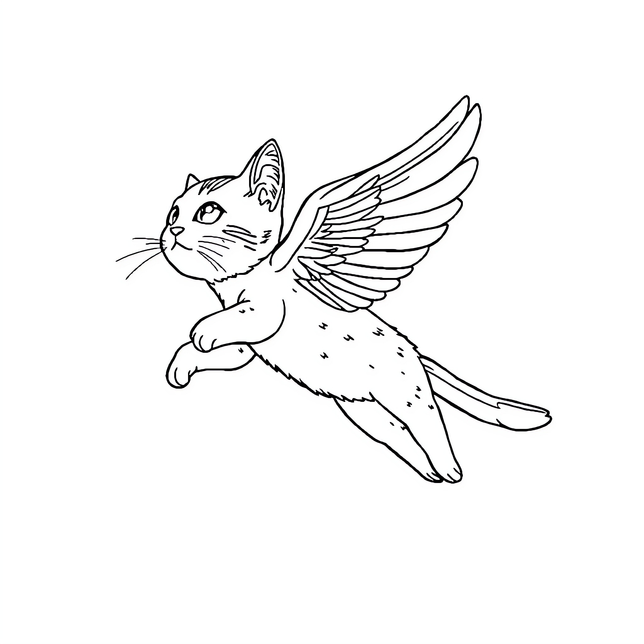 Cat with winged fantasy design Coloring Page (free black-and-white line drawing printable PDF for all, from beginners to advanced learners, including children, teens, adults, and seniors)