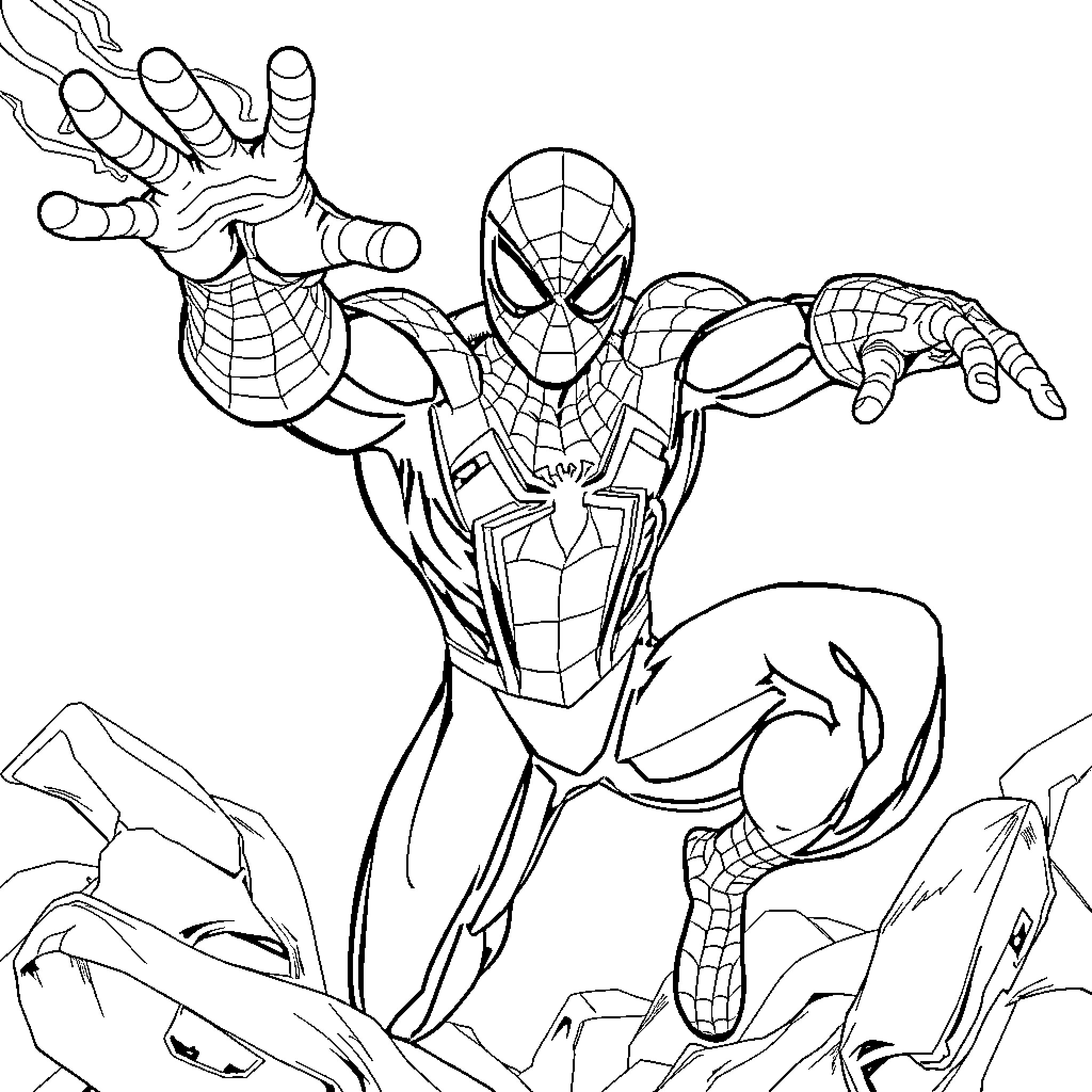 Spider-Man in a dynamic action pose mid-leap Coloring Page (free black-and-white line drawing printable PDF for all, from beginners to advanced learners, including children, teens, adults, and seniors)