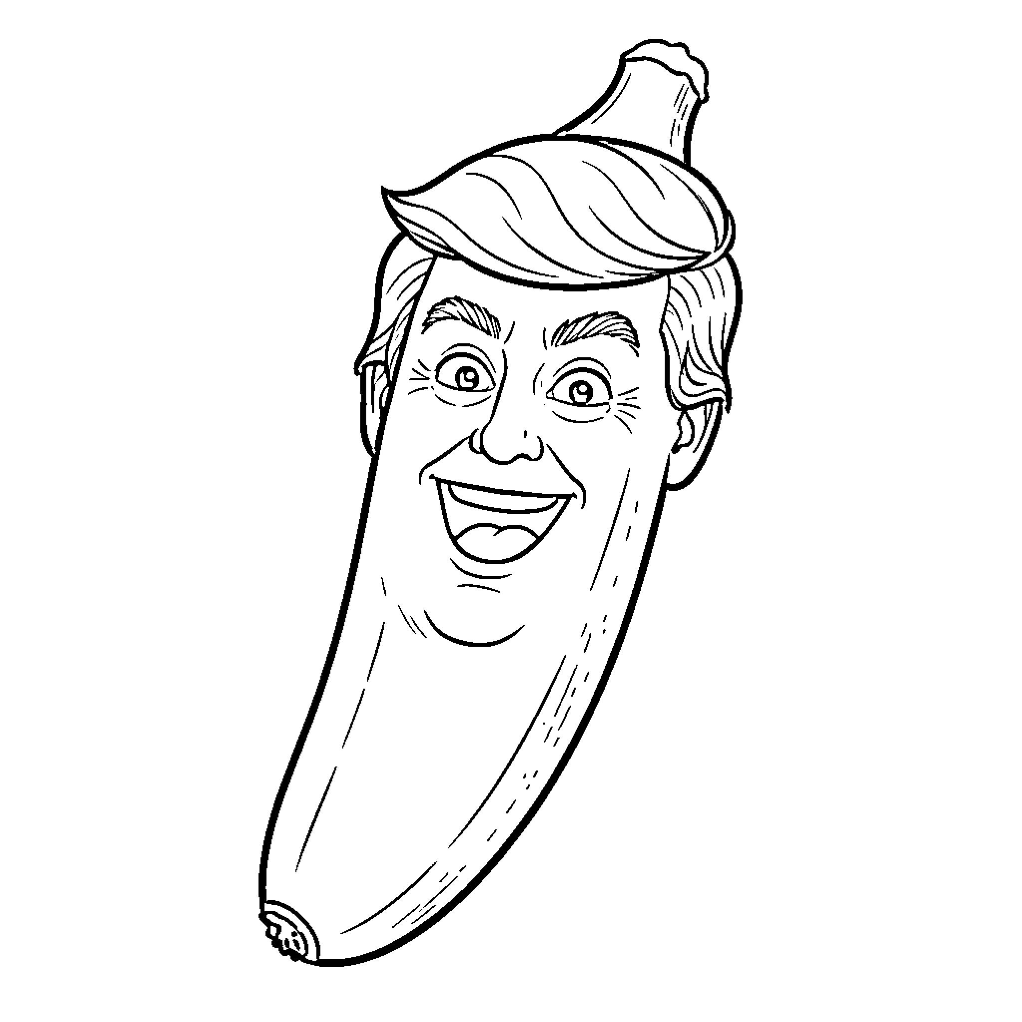 Banana character with a funny smiling face Coloring Page (free black-and-white line drawing printable PDF for all, from beginners to advanced learners, including children, teens, adults, and seniors)