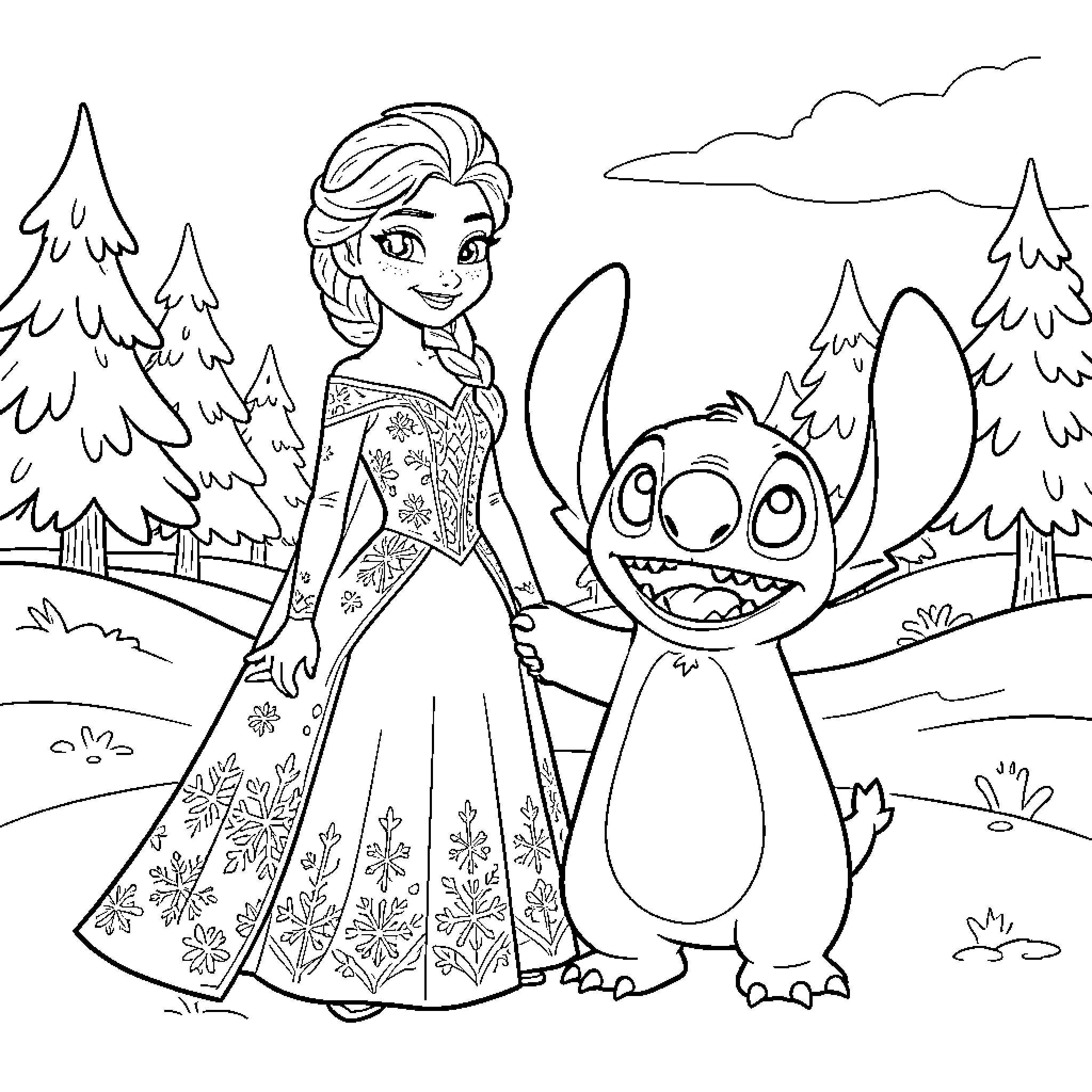Elsa smiling and holding hands with Stitch Coloring Page (free black-and-white line drawing printable PDF for all, from beginners to advanced learners, including children, teens, adults, and seniors)