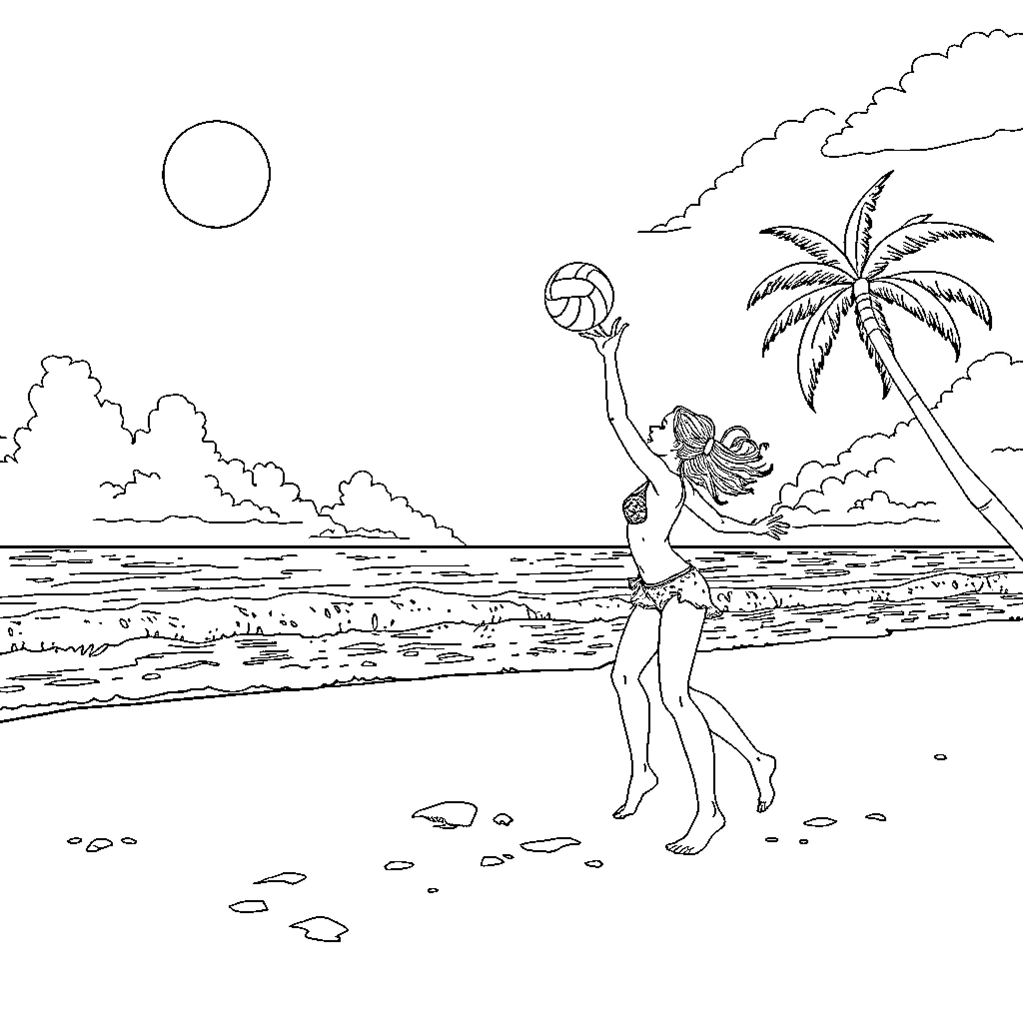 Girl playing volleyball on tropical beach Coloring Page (free black-and-white line drawing printable PDF for all, from beginners to advanced learners, including children, teens, adults, and seniors)