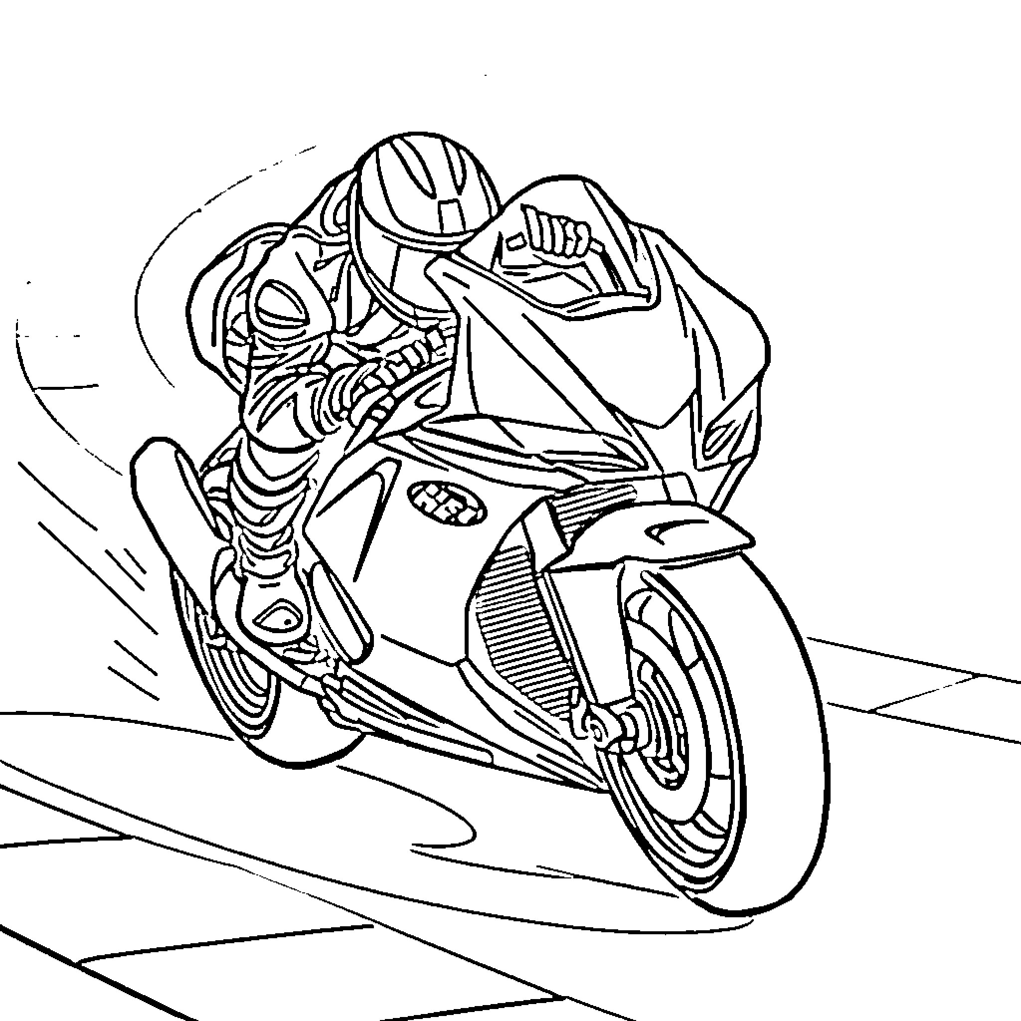 Moto rider in high-speed action on the track Coloring Page (free black-and-white line drawing printable PDF for all, from beginners to advanced learners, including children, teens, adults, and seniors)