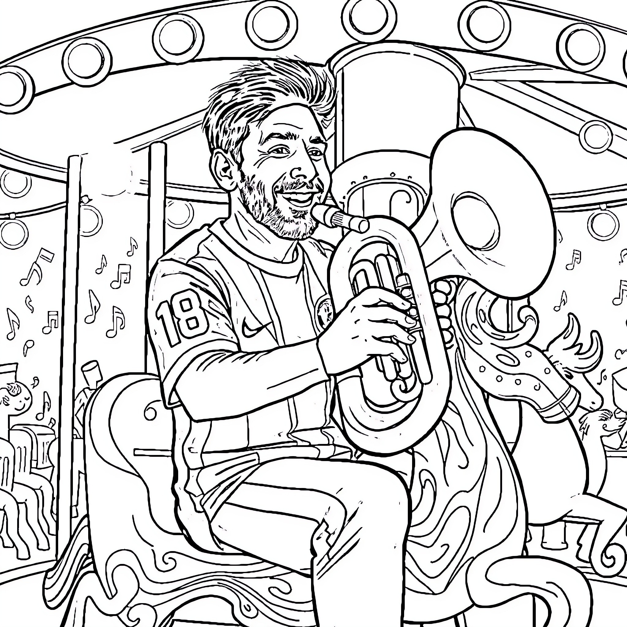 Messi playing music on stage with cheerful expression Coloring Page (free black-and-white line drawing printable PDF for all, from beginners to advanced learners, including children, teens, adults, and seniors)