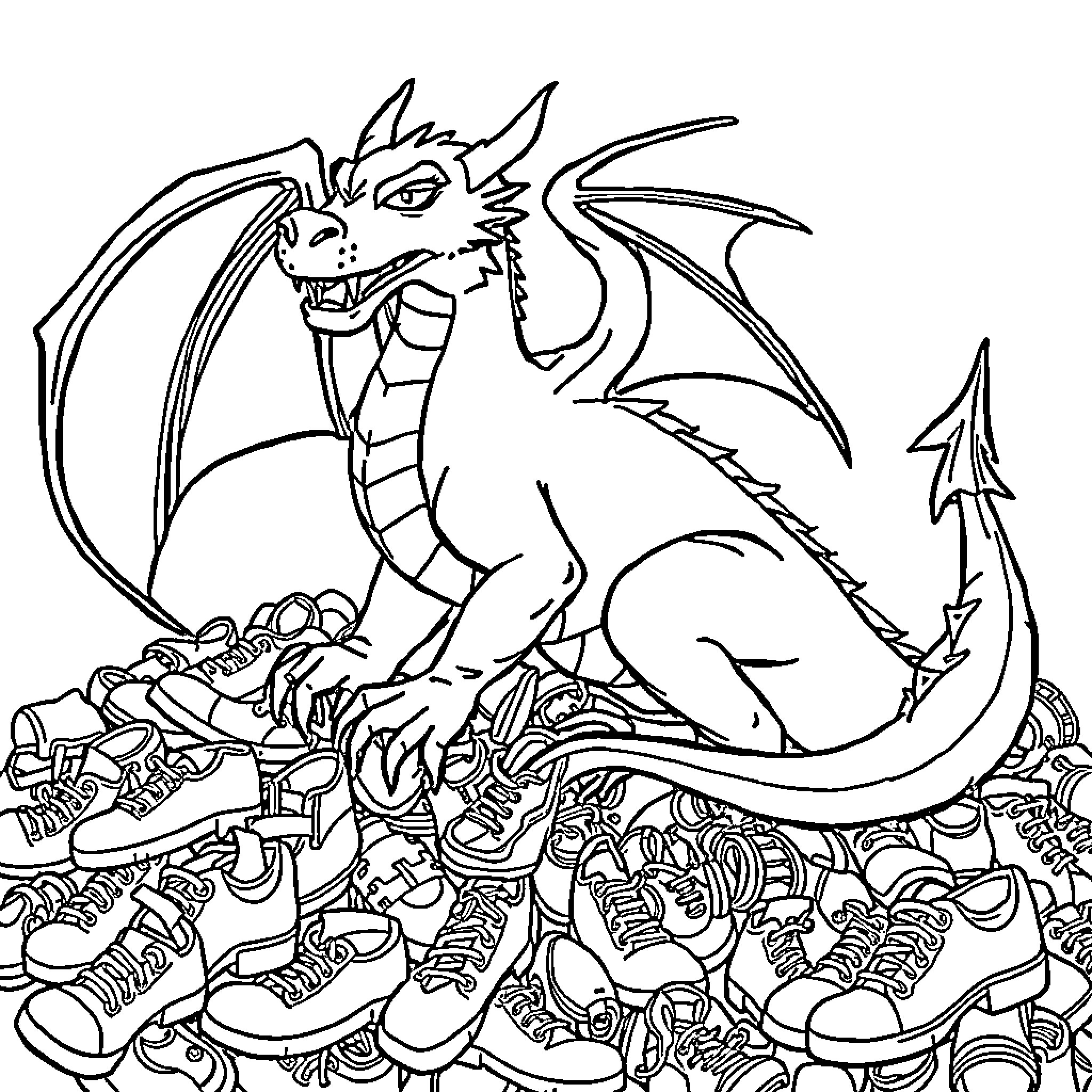 Dragon Guarding Treasure Hoard Coloring Page (free black-and-white line drawing printable PDF for all, from beginners to advanced learners, including children, teens, adults, and seniors)