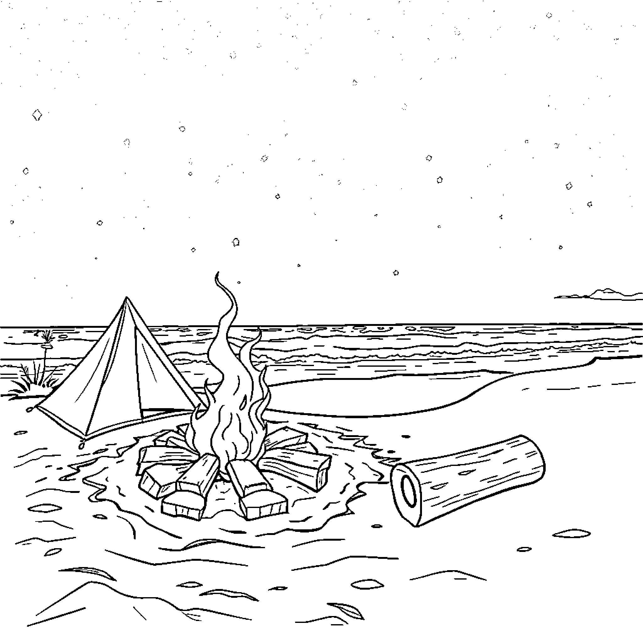 Camping night scene on the beach Coloring Page (free black-and-white line drawing printable PDF for all, from beginners to advanced learners, including children, teens, adults, and seniors)