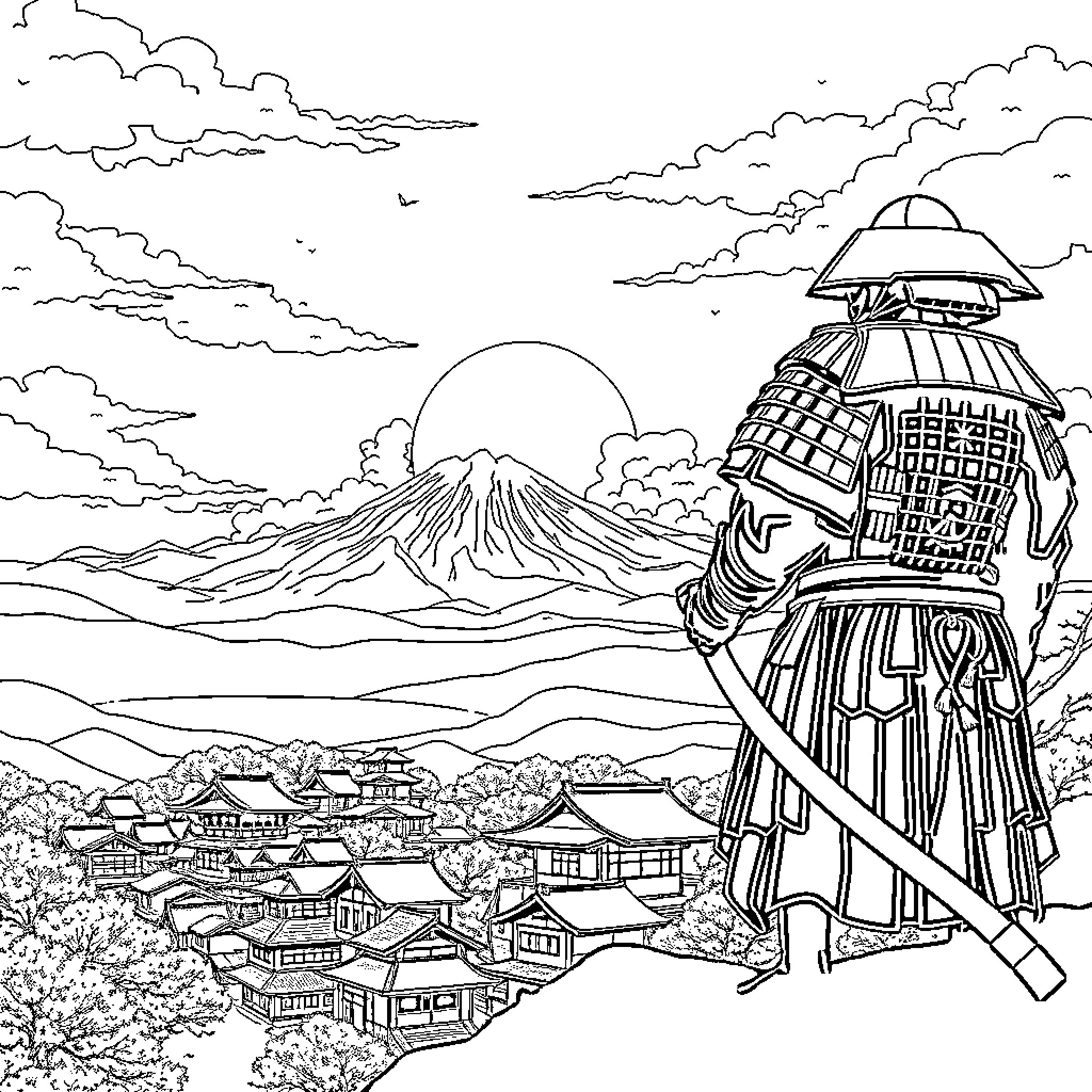 Samurai warrior overlooking a Japanese village and Mount Fuji Coloring Page (free black-and-white line drawing printable PDF for all, from beginners to advanced learners, including children, teens, adults, and seniors)