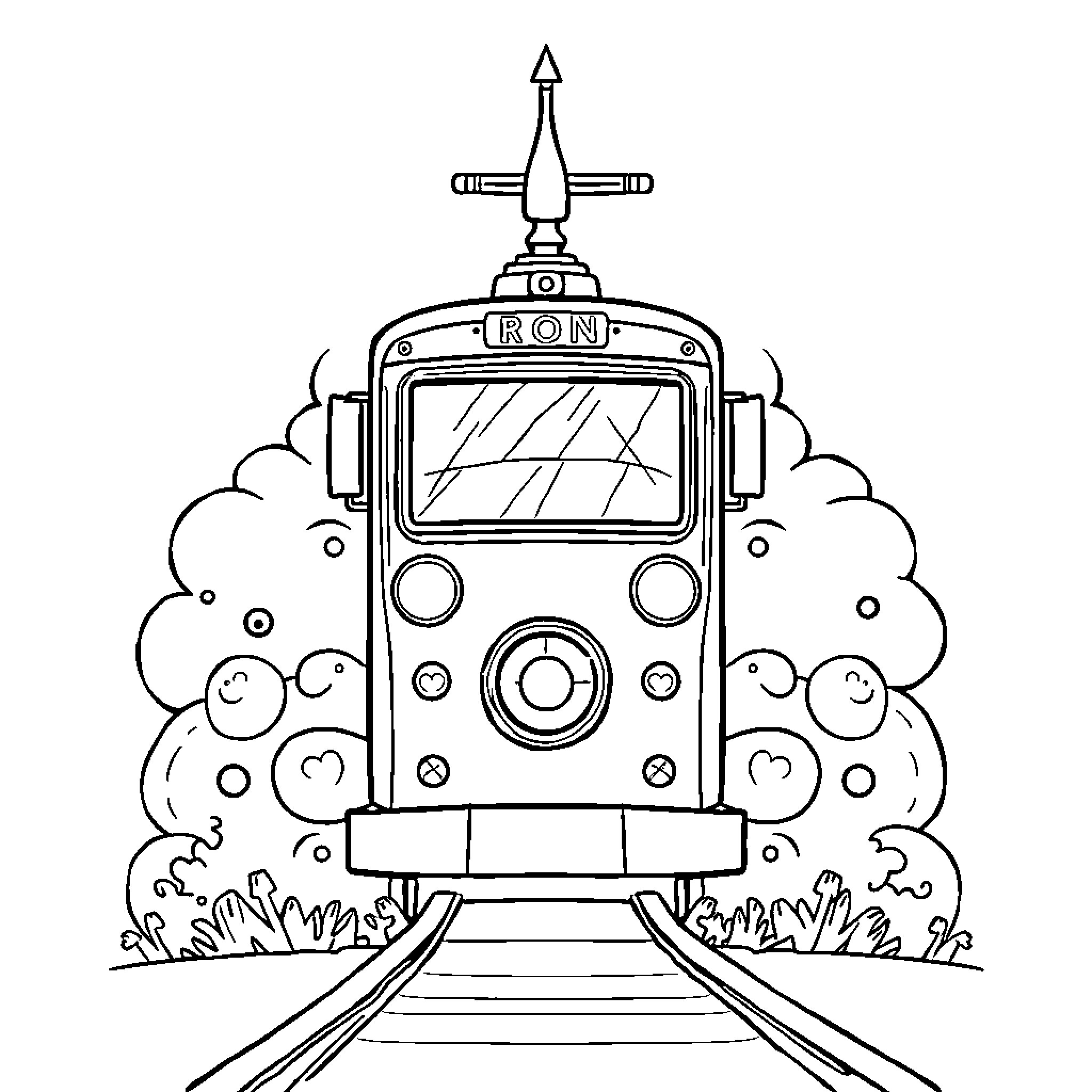 Puzzle of a Steam-powered Locomotive in a Whimsical Landscape Coloring Page (free black-and-white line drawing printable PDF for all, from beginners to advanced learners, including children, teens, adults, and seniors)