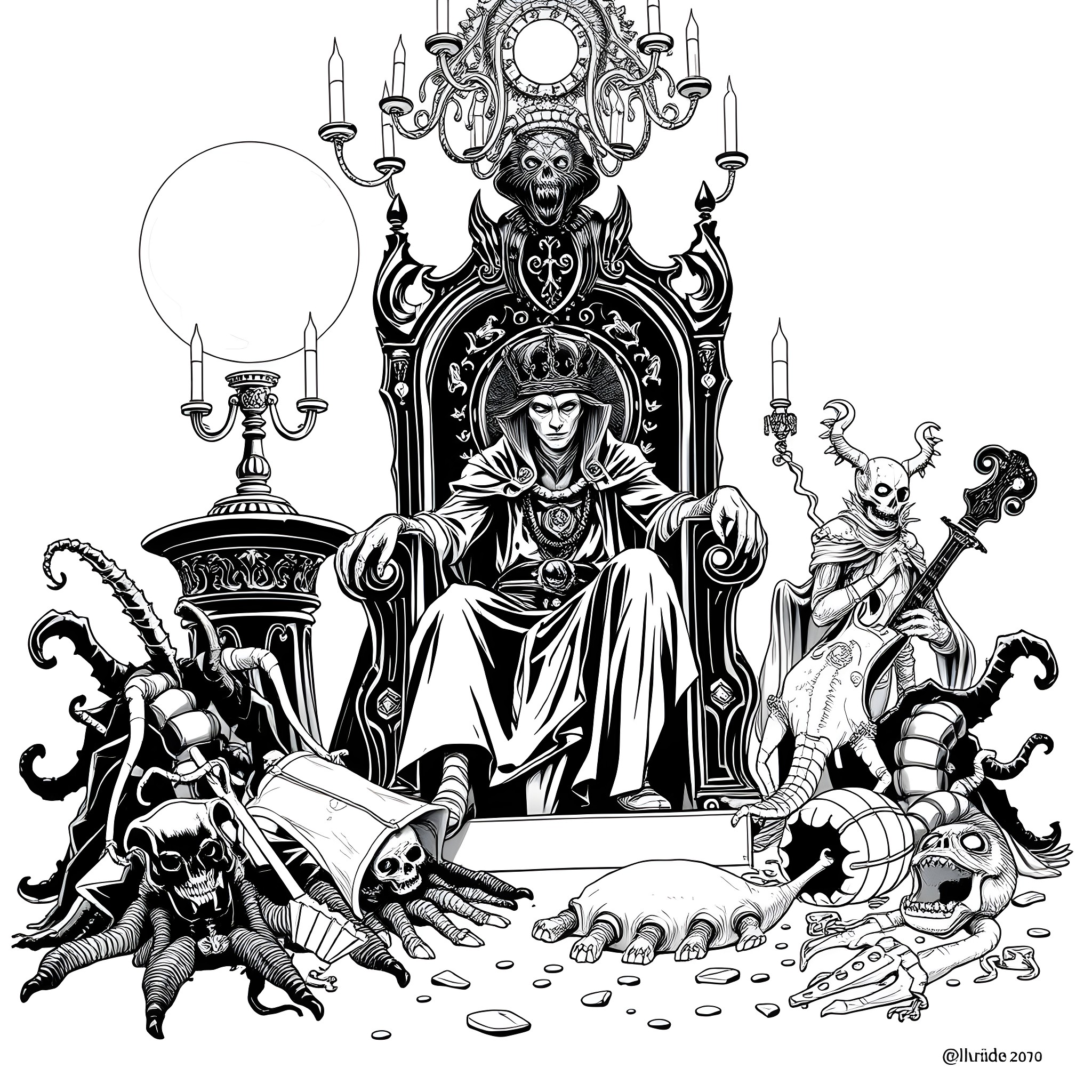 Vampire Queen on the Throne of Darkness Coloring Page (free black-and-white line drawing printable PDF for all, from beginners to advanced learners, including children, teens, adults, and seniors)