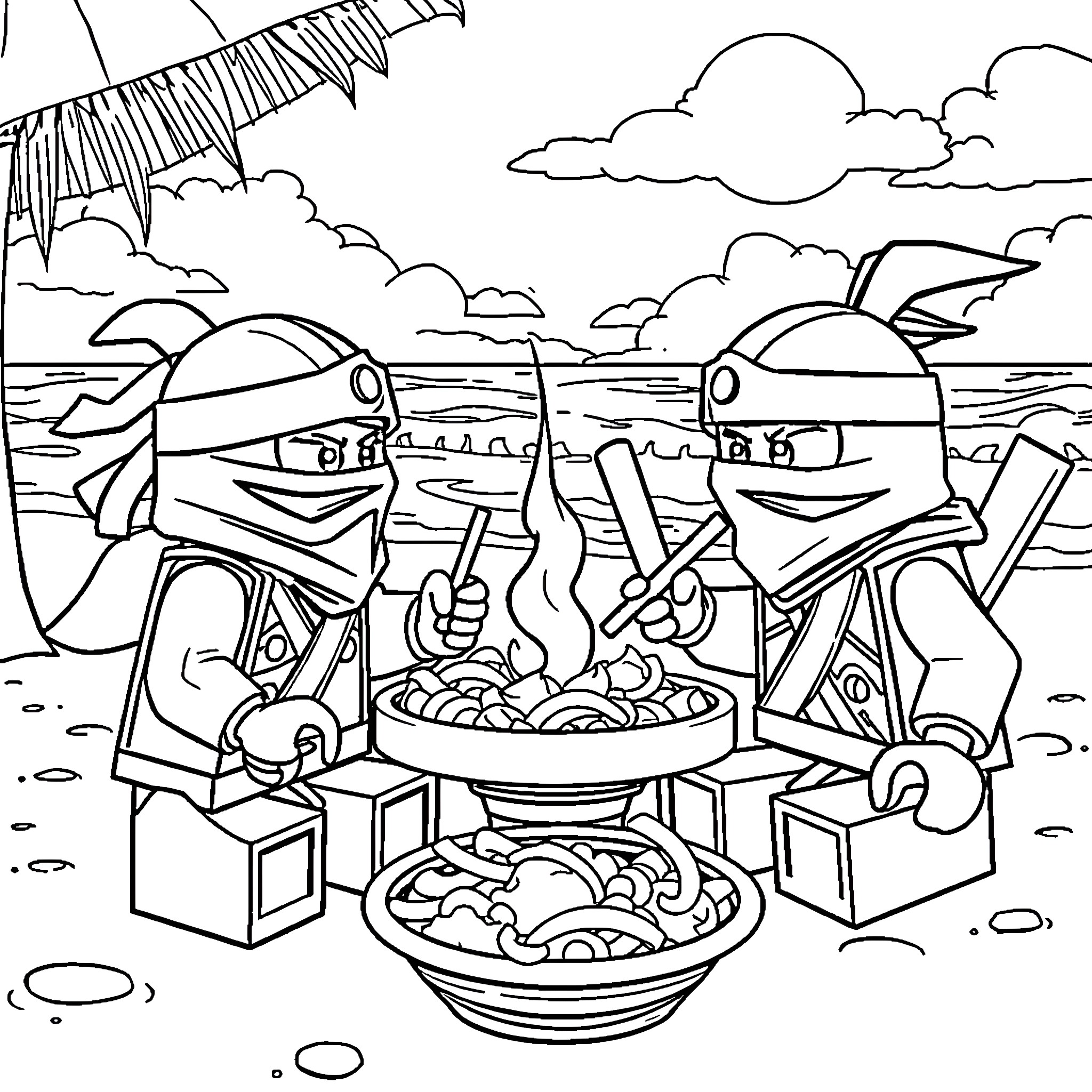 Ninjago Ninjas Enjoying a Campfire Meal Coloring Page (free black-and-white line drawing printable PDF for all, from beginners to advanced learners, including children, teens, adults, and seniors)