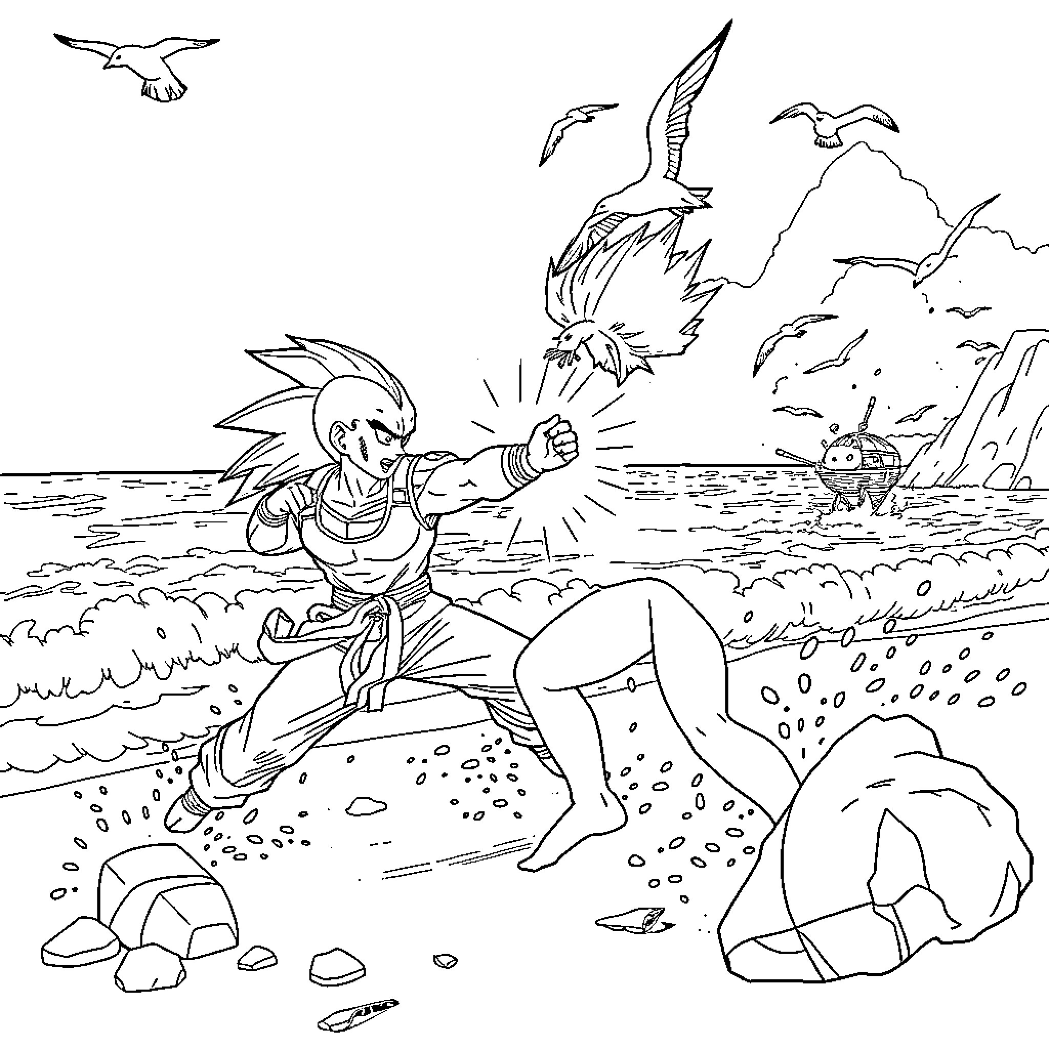 Android 18 battling in an action-packed coastal scene Coloring Page (free black-and-white line drawing printable PDF for all, from beginners to advanced learners, including children, teens, adults, and seniors)