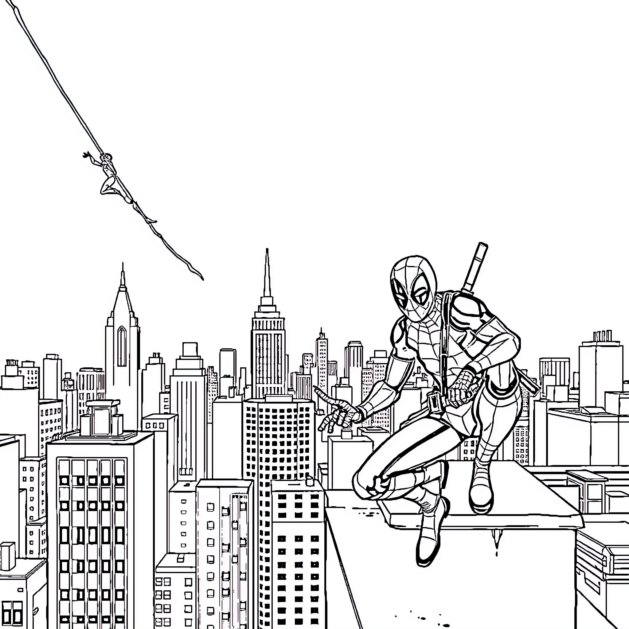 Spiderman swinging through the city skyline Coloring Page (free black-and-white line drawing printable PDF for all, from beginners to advanced learners, including children, teens, adults, and seniors)