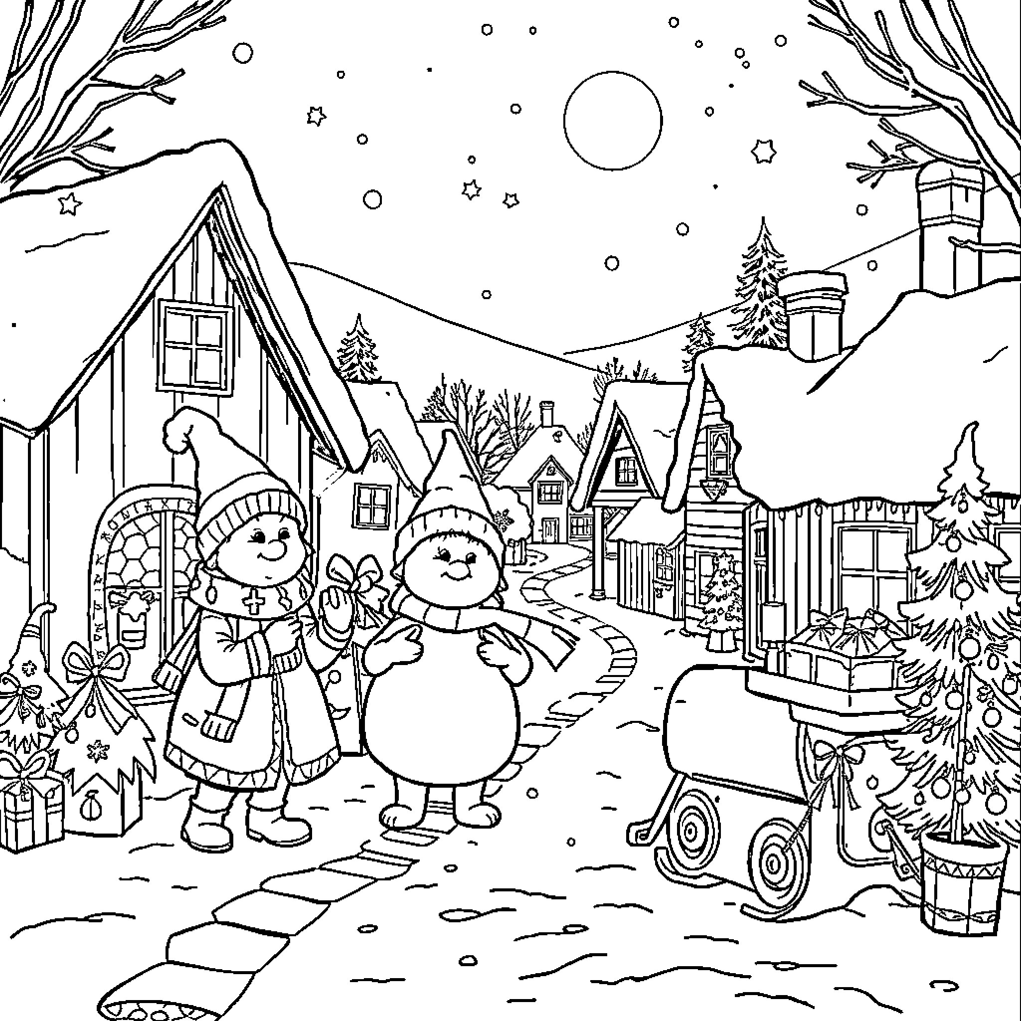 Lutin's Snowy Winter Adventure Coloring Page (free black-and-white line drawing printable PDF for all, from beginners to advanced learners, including children, teens, adults, and seniors)