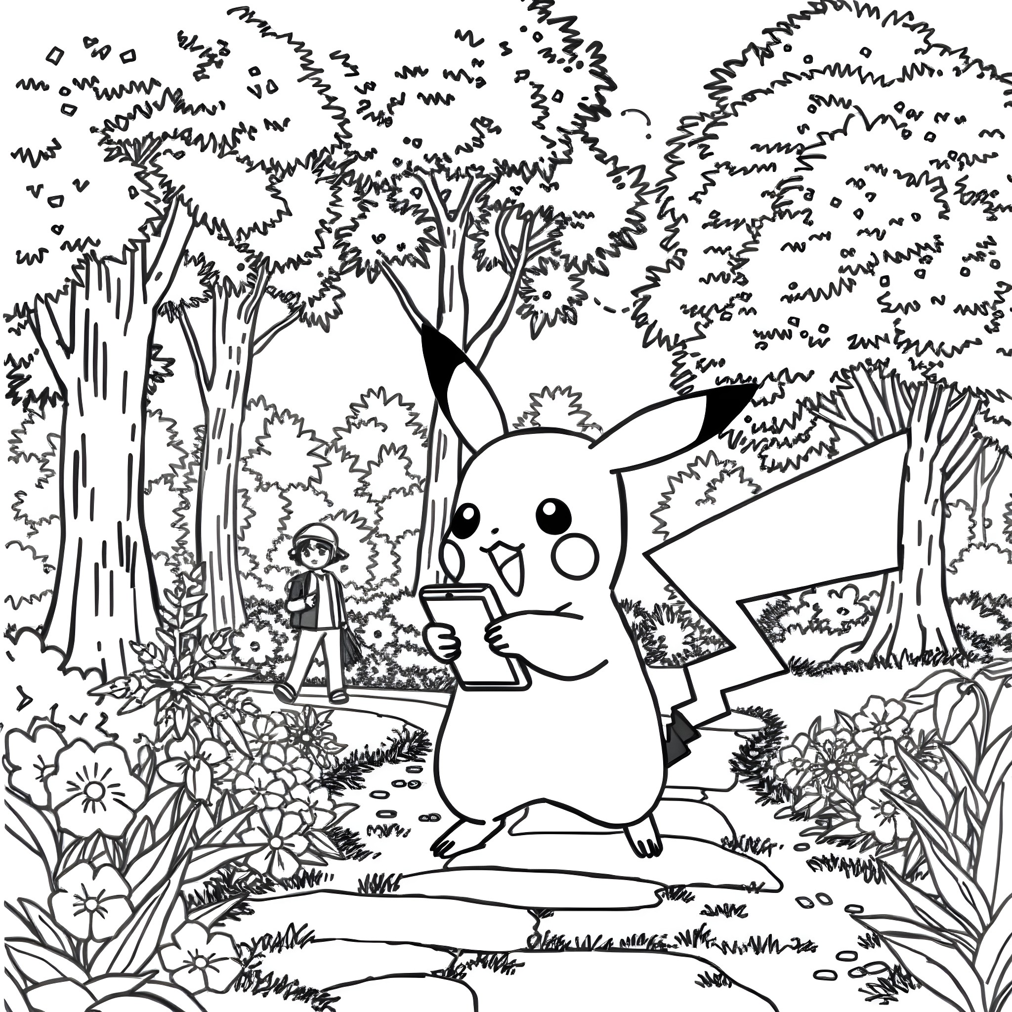 Pikachu exploring the enchanting forest Coloring Page (free black-and-white line drawing printable PDF for all, from beginners to advanced learners, including children, teens, adults, and seniors)