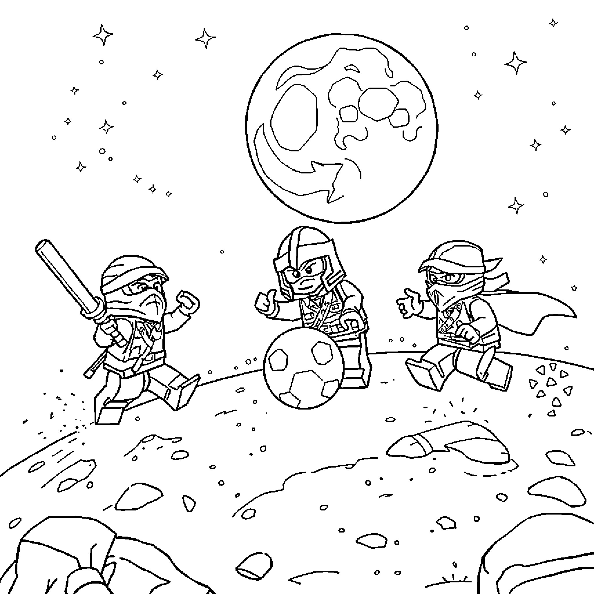 Lego Ninjago warriors battling in a lunar landscape Coloring Page (free black-and-white line drawing printable PDF for all, from beginners to advanced learners, including children, teens, adults, and seniors)