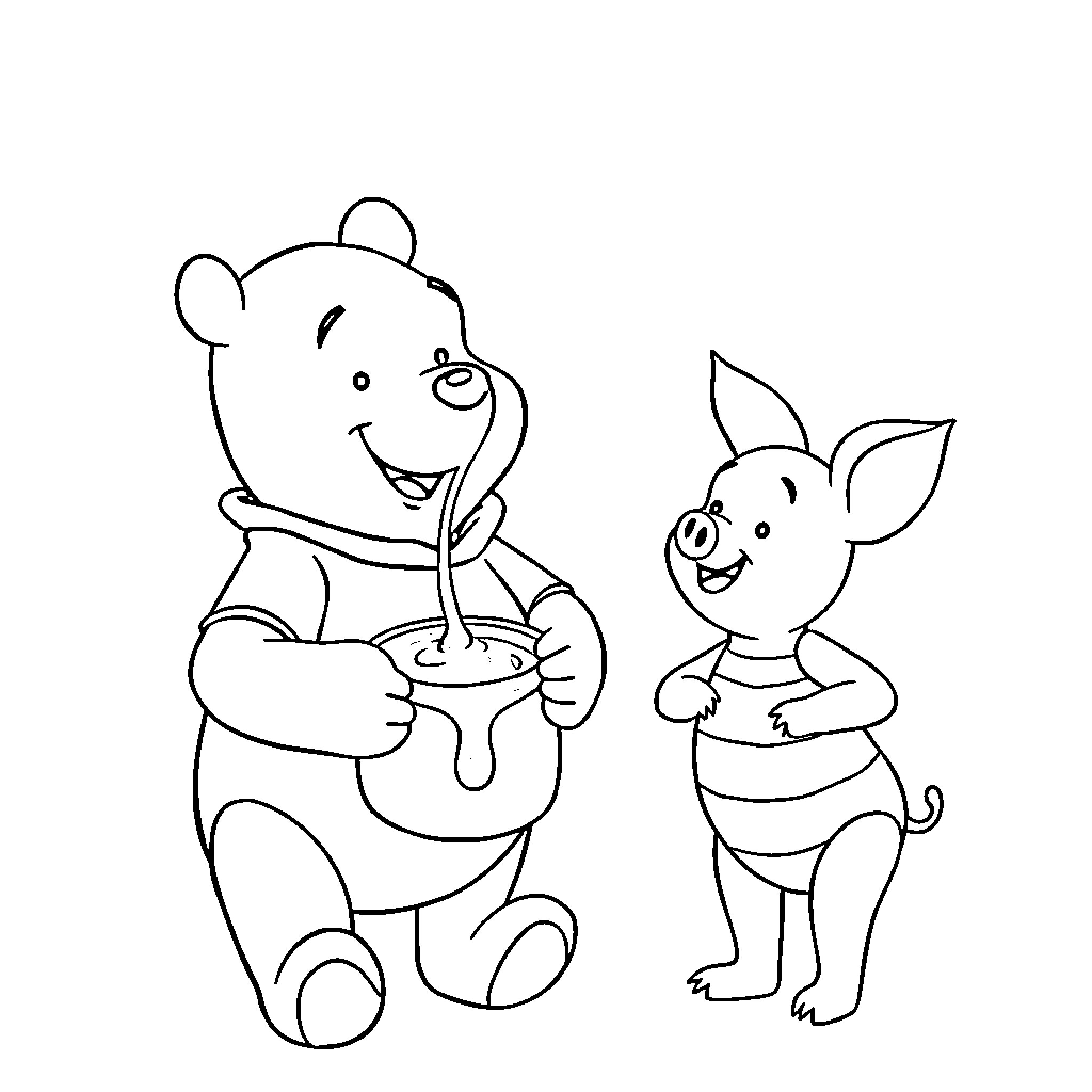 Winnie The Pooh and Piglet enjoying a snack together Coloring Page (free black-and-white line drawing printable PDF for all, from beginners to advanced learners, including children, teens, adults, and seniors)