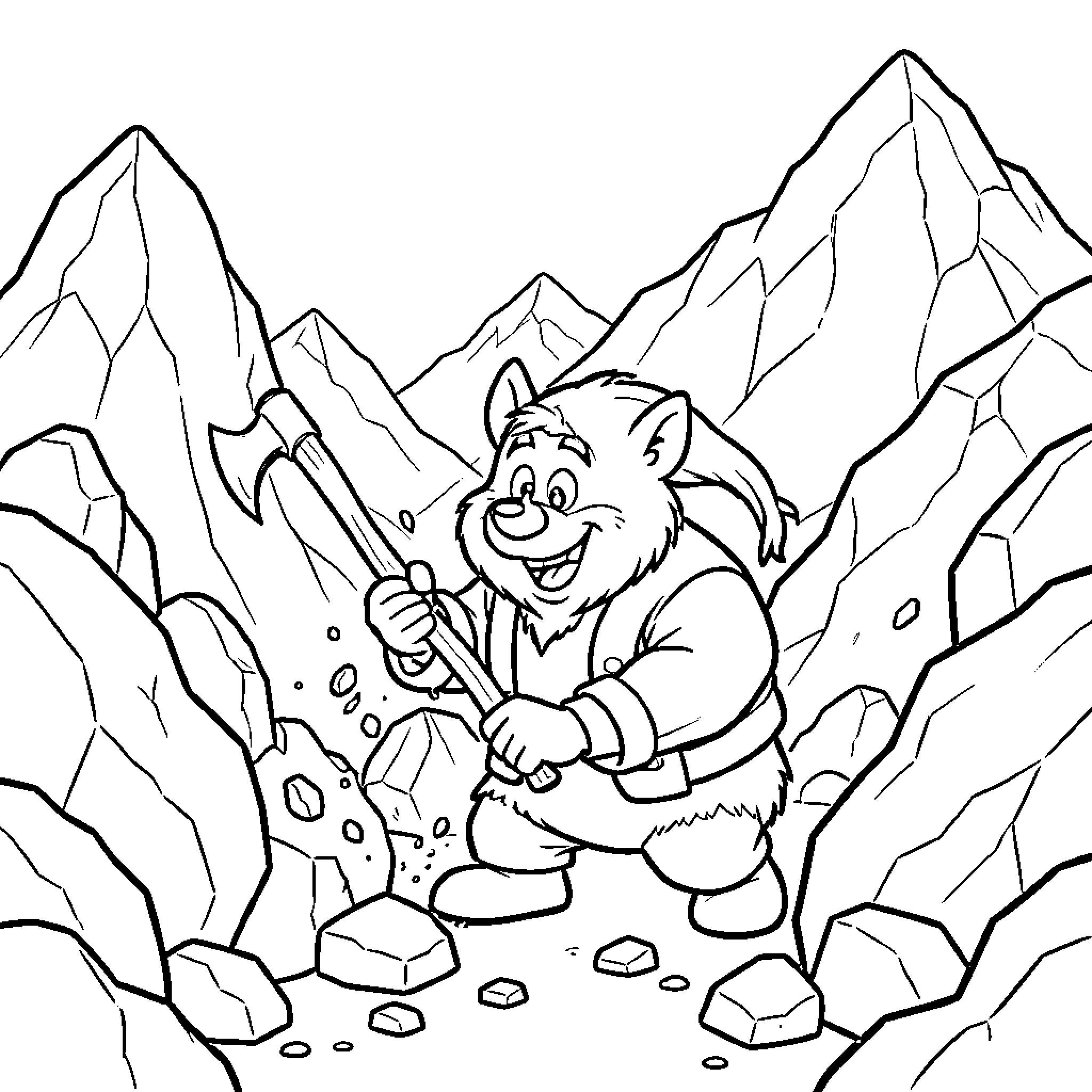 Grinch character mining rocks in the mountains Coloring Page (free black-and-white line drawing printable PDF for all, from beginners to advanced learners, including children, teens, adults, and seniors)