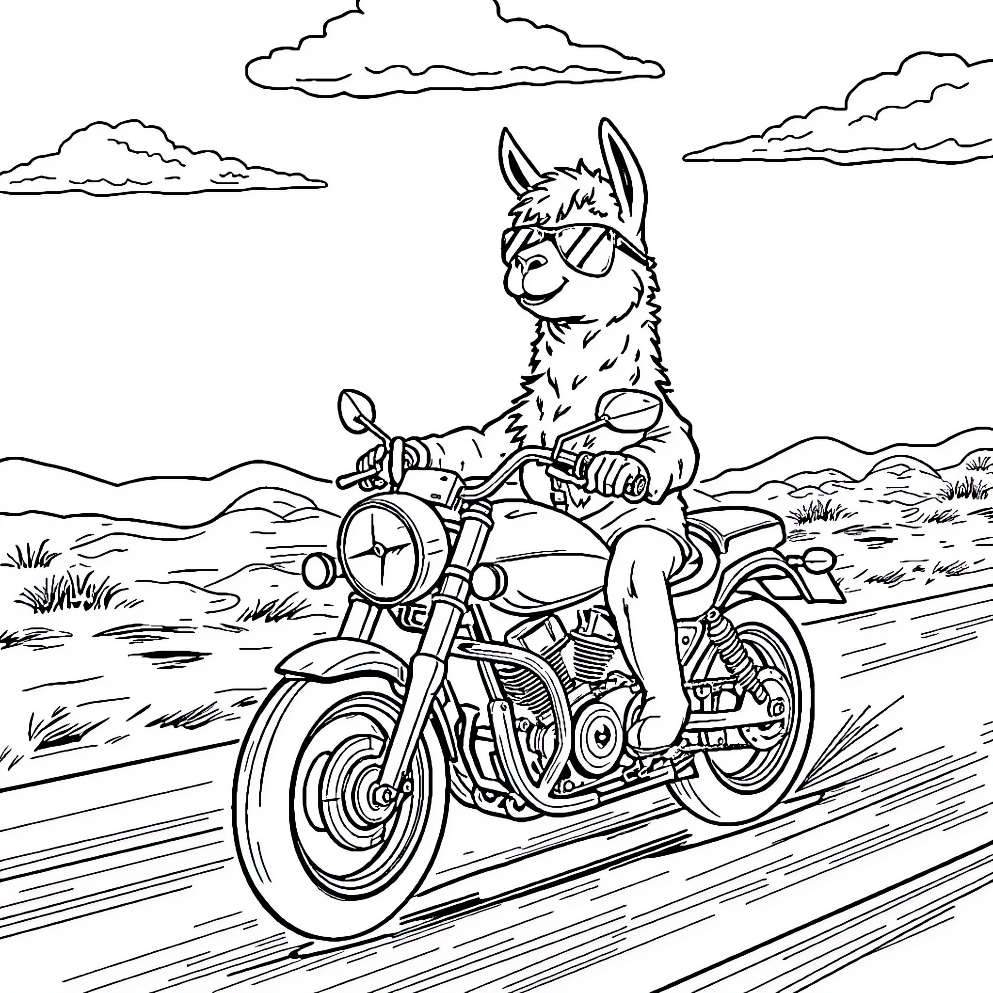 Llama riding a motorcycle on a scenic landscape Coloring Page (free black-and-white line drawing printable PDF for all, from beginners to advanced learners, including children, teens, adults, and seniors)