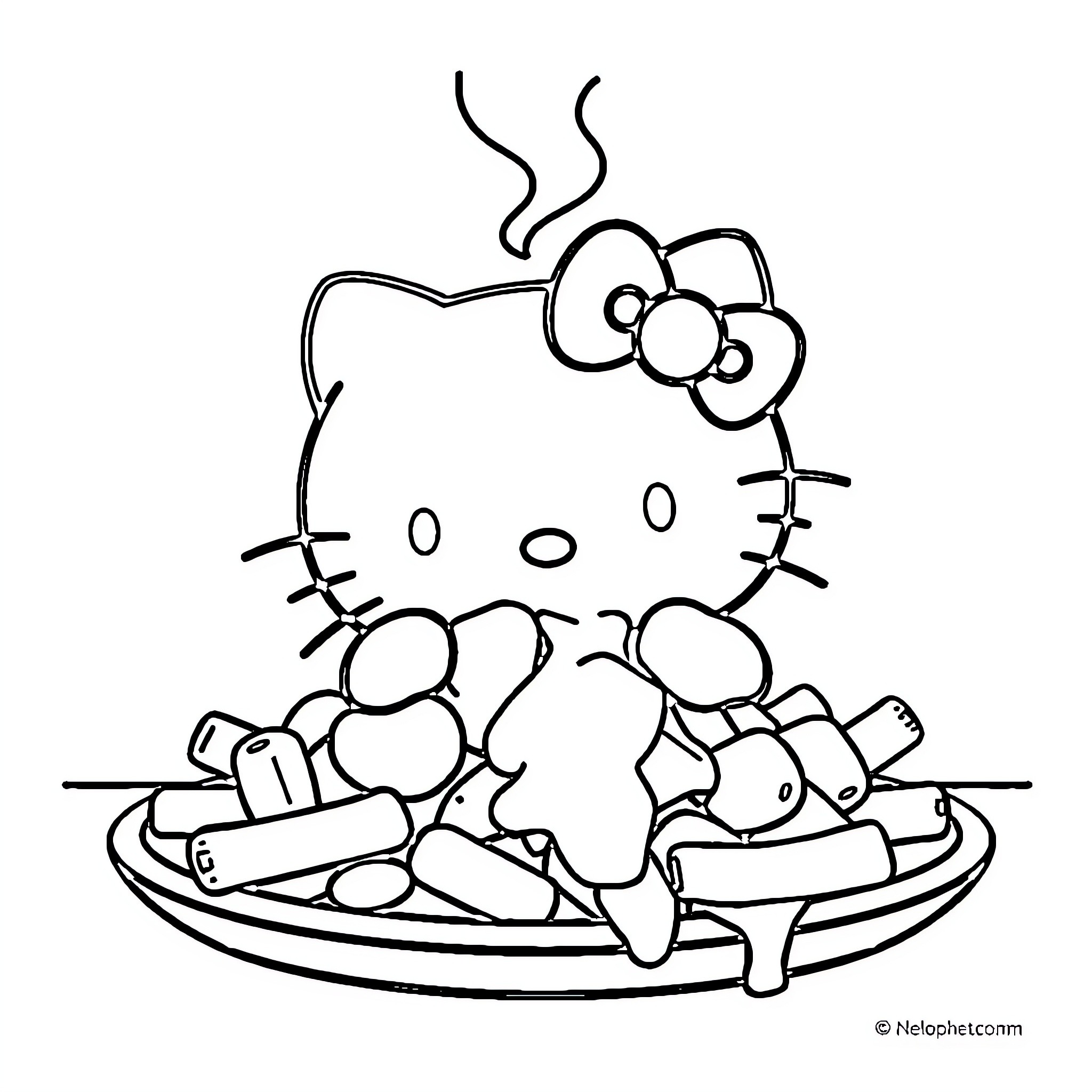 Hello Kitty enjoying a hot meal Coloring Page (free black-and-white line drawing printable PDF for all, from beginners to advanced learners, including children, teens, adults, and seniors)