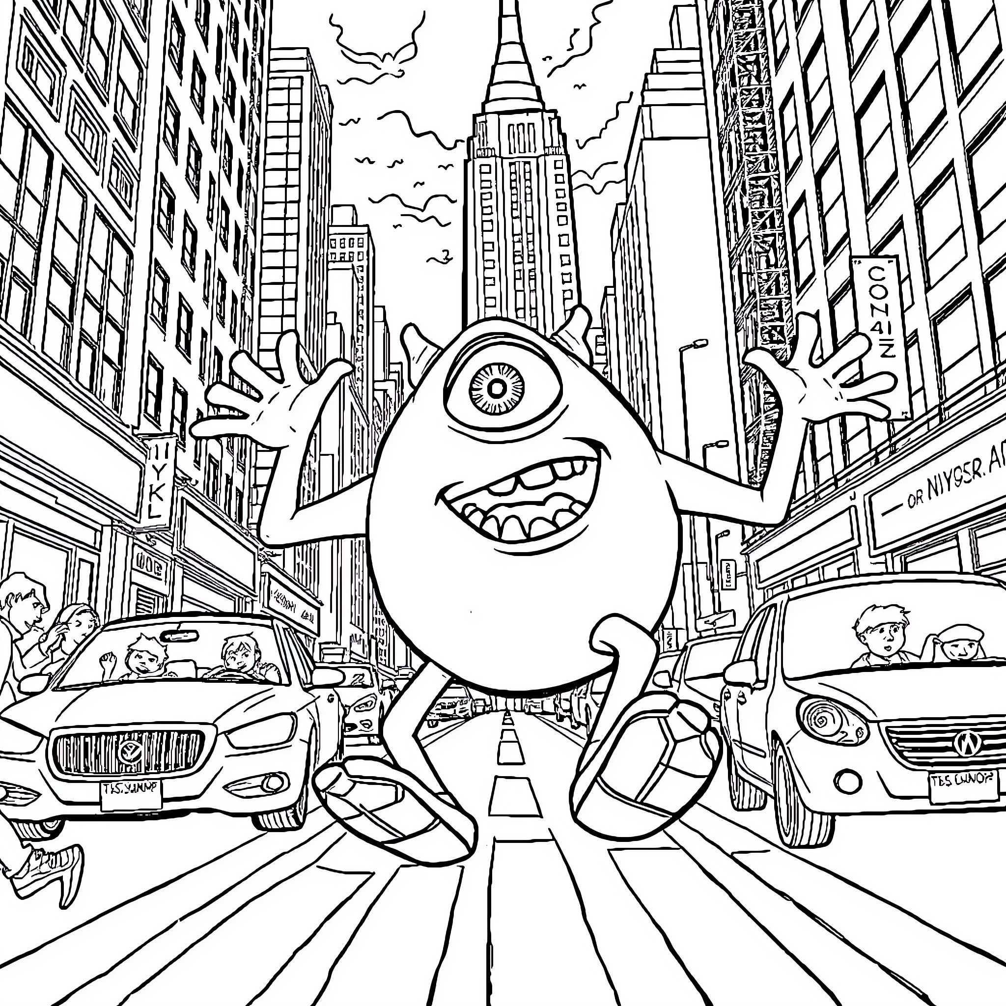 Mike Wazowski explores the bustling city streets Coloring Page (free black-and-white line drawing printable PDF for all, from beginners to advanced learners, including children, teens, adults, and seniors)