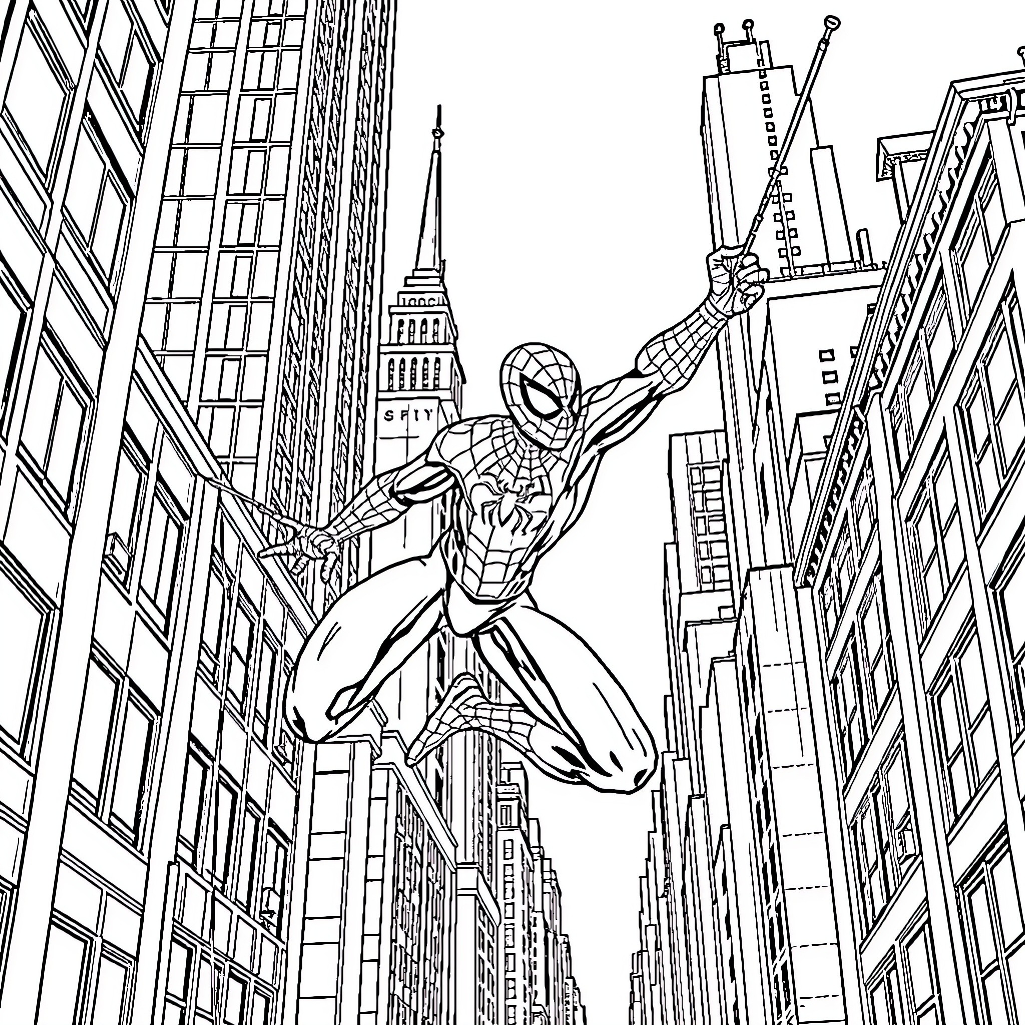 Spiderman swinging through the skyscrapers Coloring Page (free black-and-white line drawing printable PDF for all, from beginners to advanced learners, including children, teens, adults, and seniors)
