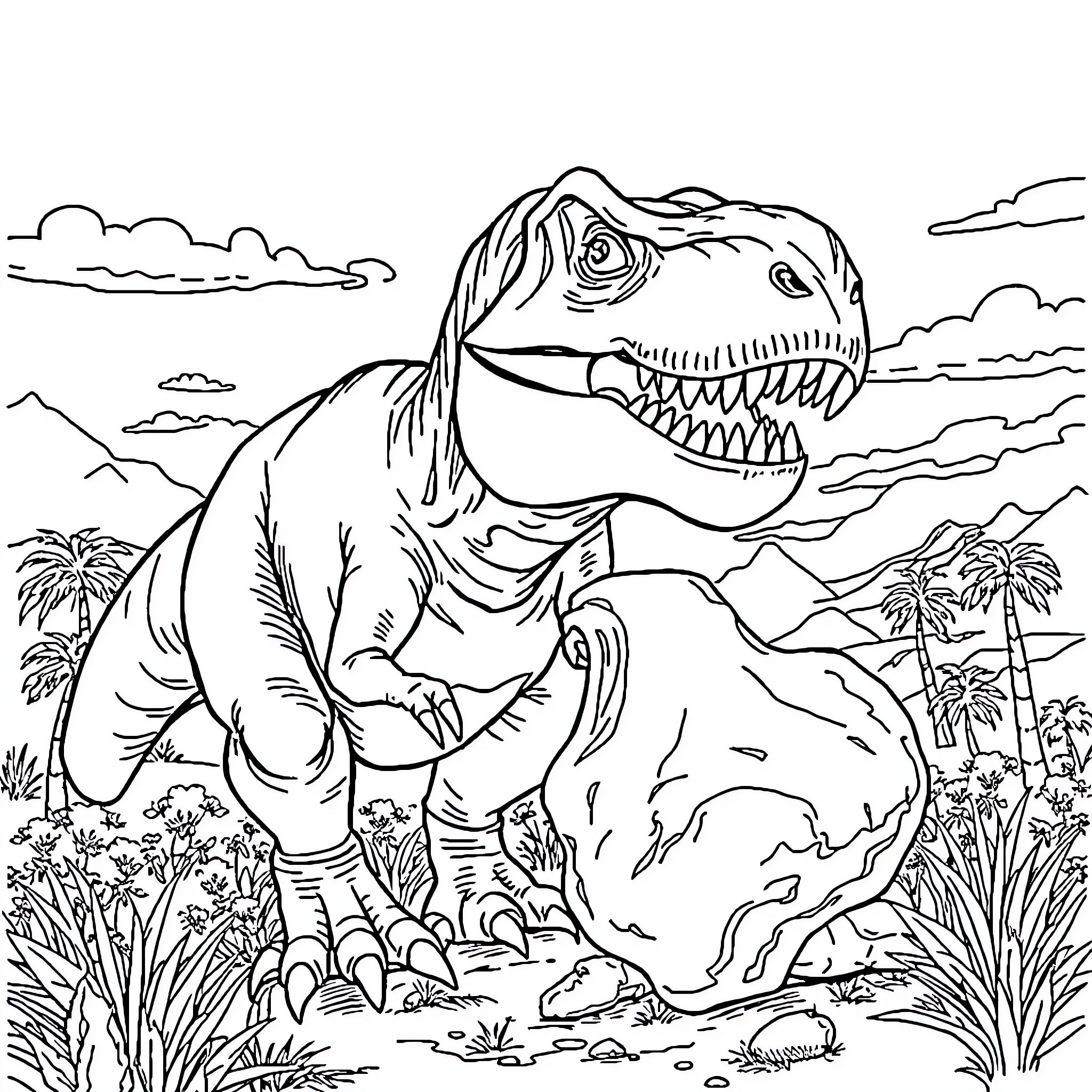T-Rex Stalking Prey in Jurassic Landscape Coloring Page (free black-and-white line drawing printable PDF for all, from beginners to advanced learners, including children, teens, adults, and seniors)