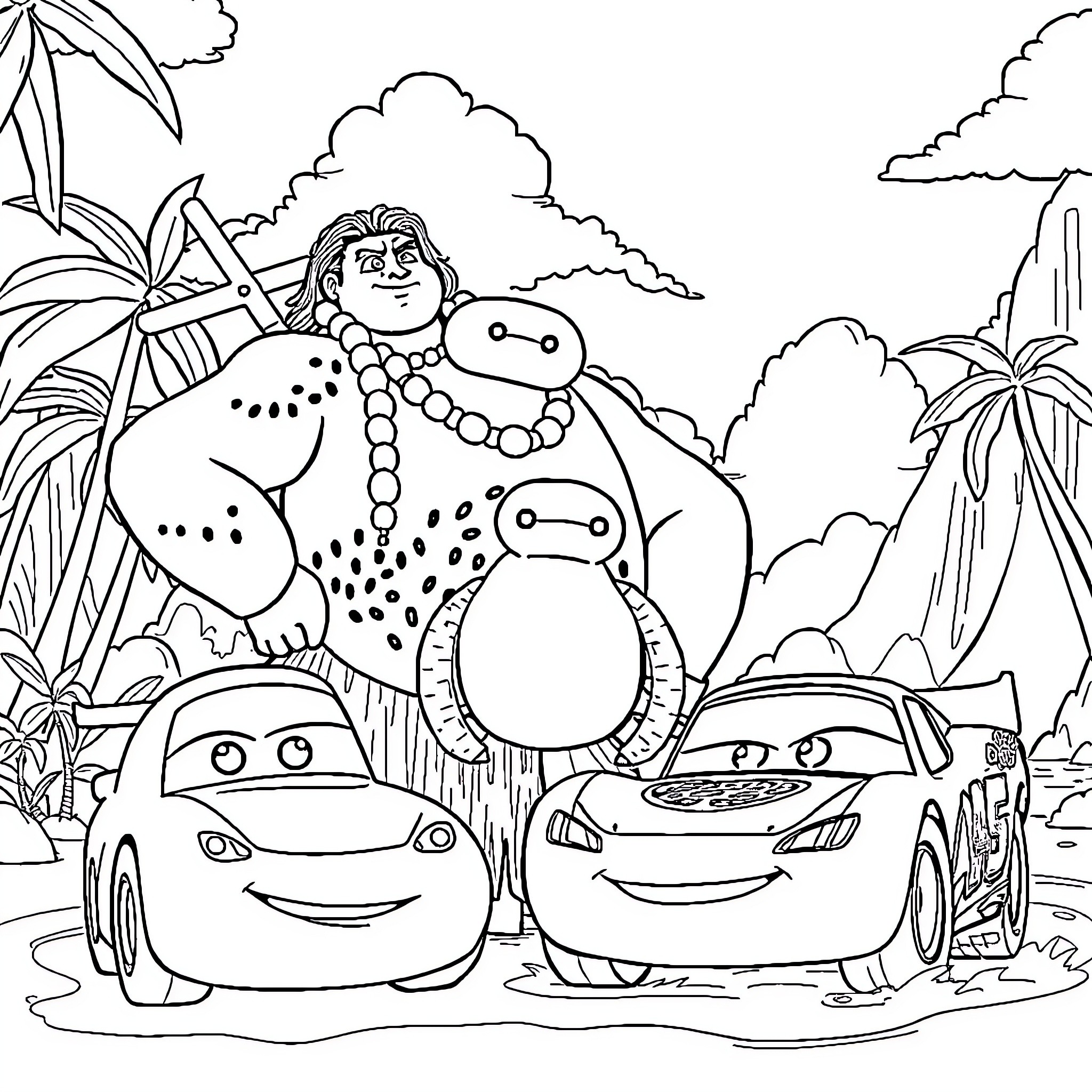 Maui and friends explore Maui's tropical island Coloring Page (free black-and-white line drawing printable PDF for all, from beginners to advanced learners, including children, teens, adults, and seniors)