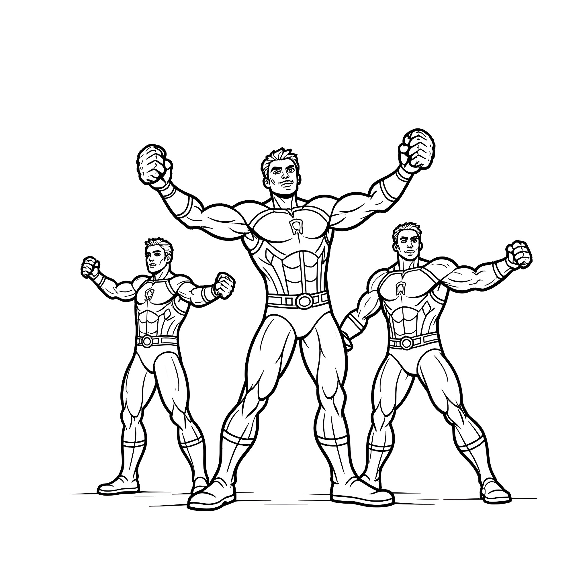 Avenger heroes in action poses Coloring Page (free black-and-white line drawing printable PDF for all, from beginners to advanced learners, including children, teens, adults, and seniors)