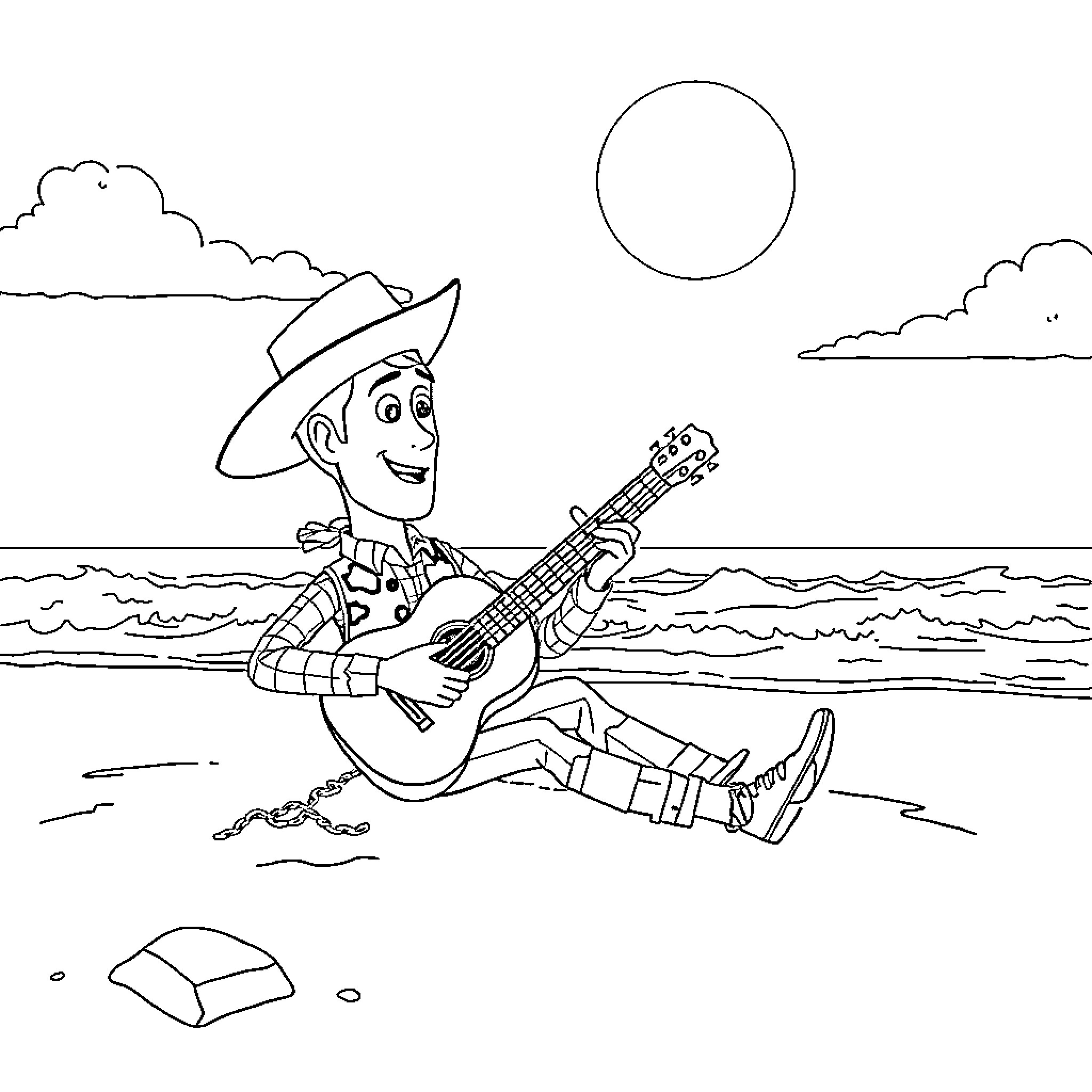 Woody playing guitar on the beach Coloring Page (free black-and-white line drawing printable PDF for all, from beginners to advanced learners, including children, teens, adults, and seniors)