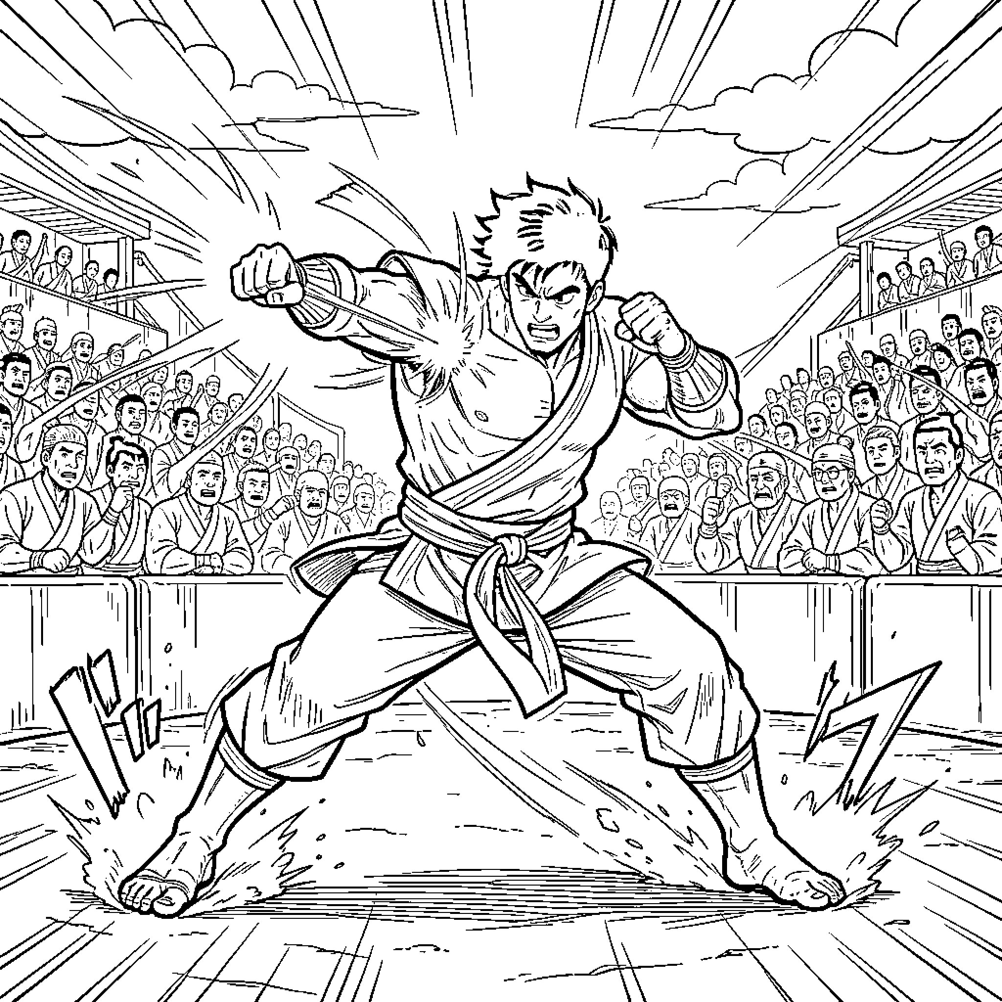 Sangoku performing a powerful martial arts punch Coloring Page (free black-and-white line drawing printable PDF for all, from beginners to advanced learners, including children, teens, adults, and seniors)