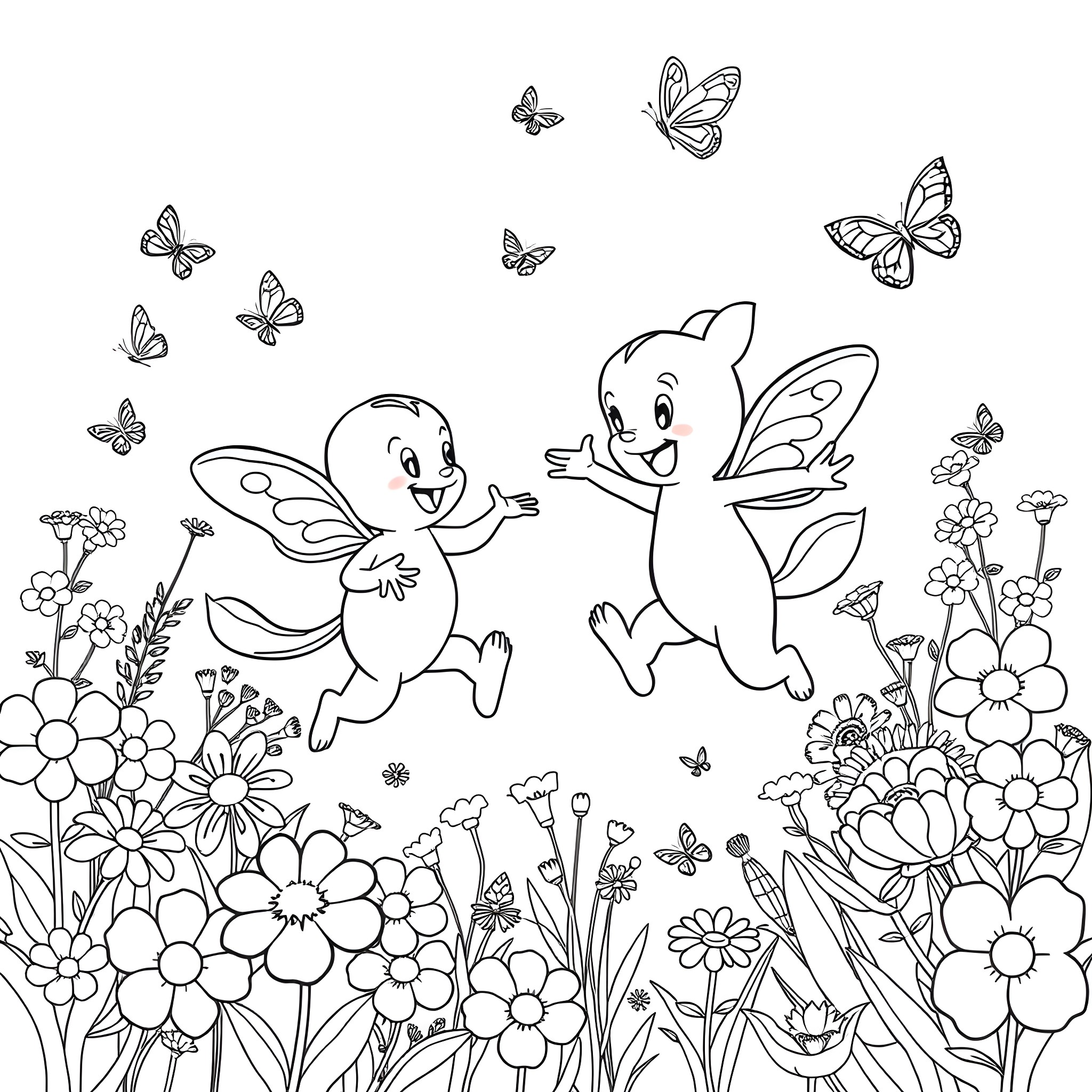 Bluey and friends playing in a flowery meadow Coloring Page (free black-and-white line drawing printable PDF for all, from beginners to advanced learners, including children, teens, adults, and seniors)