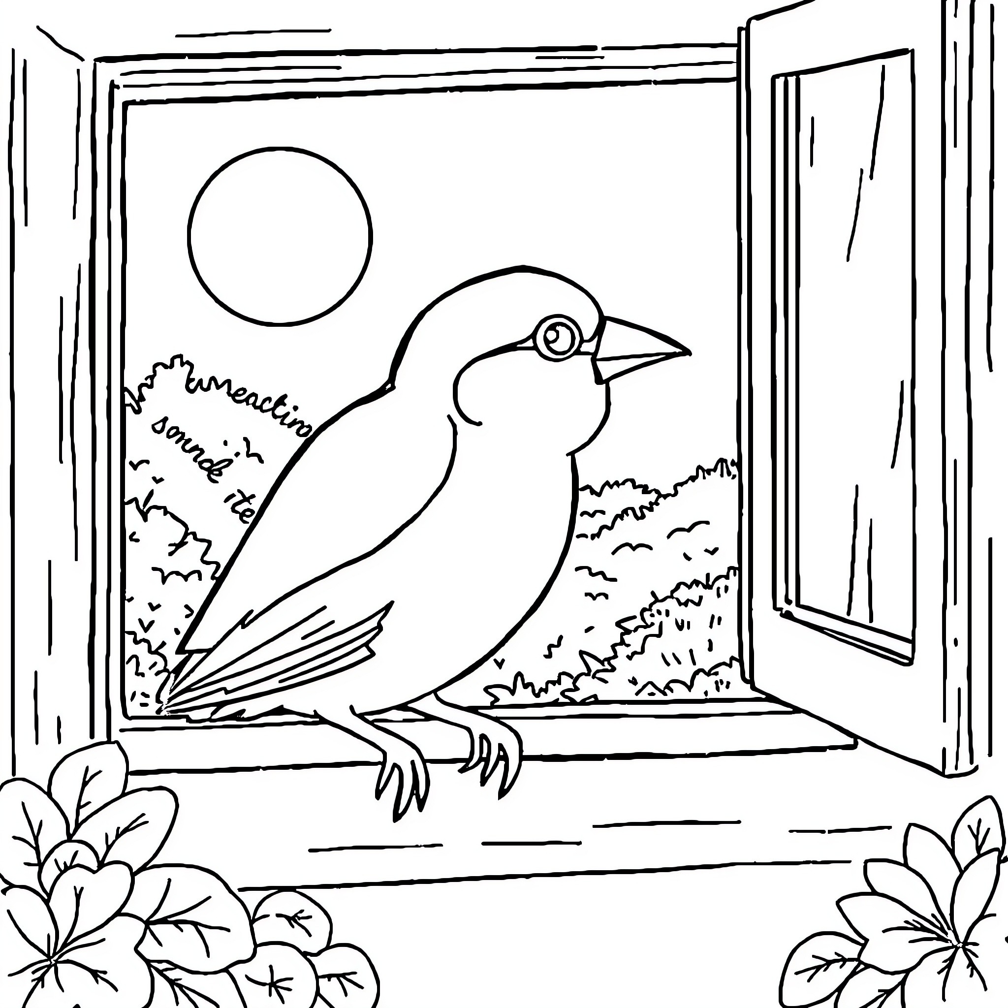 Spongebob bird enjoys peaceful morning at the window Coloring Page (free black-and-white line drawing printable PDF for all, from beginners to advanced learners, including children, teens, adults, and seniors)