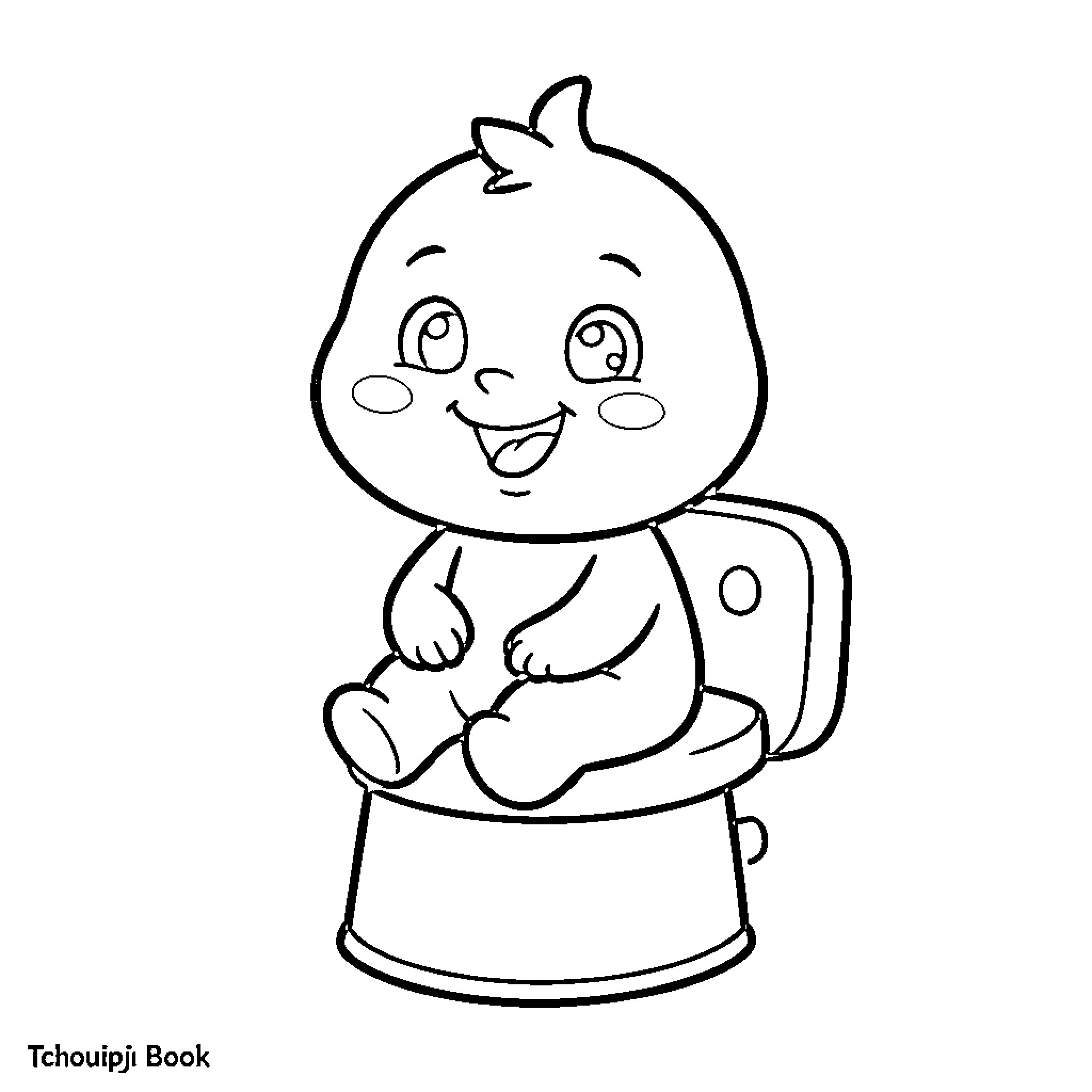 Tchoupi sitting happily on a toilet Coloring Page (free black-and-white line drawing printable PDF for all, from beginners to advanced learners, including children, teens, adults, and seniors)