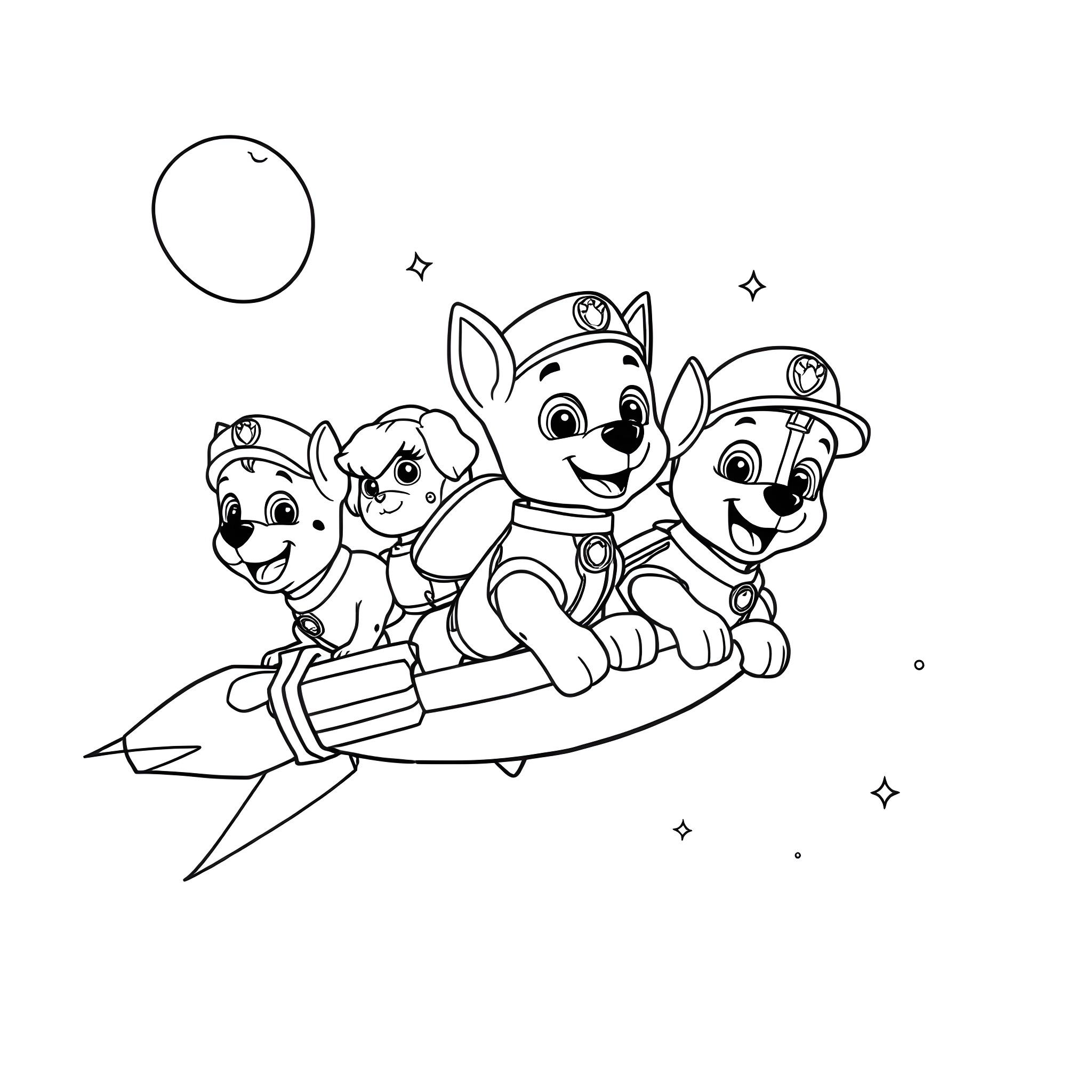 Paw Patrol members riding a rocket together Coloring Page (free black-and-white line drawing printable PDF for all, from beginners to advanced learners, including children, teens, adults, and seniors)