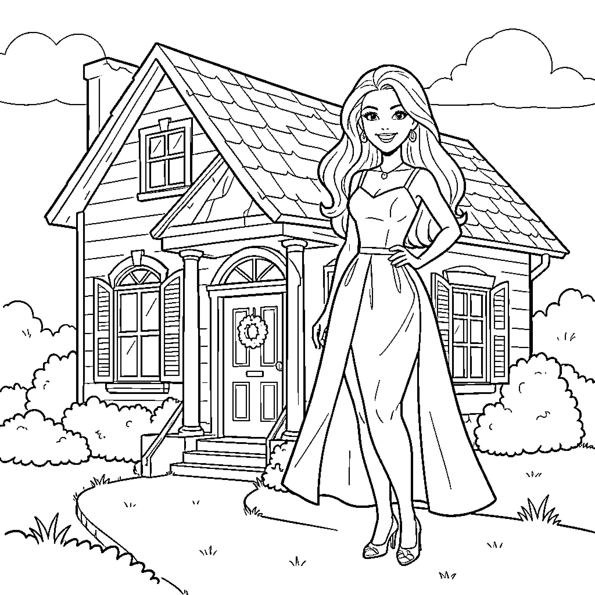Barbie posing elegantly in front of a house Coloring Page (free black-and-white line drawing printable PDF for all, from beginners to advanced learners, including children, teens, adults, and seniors)