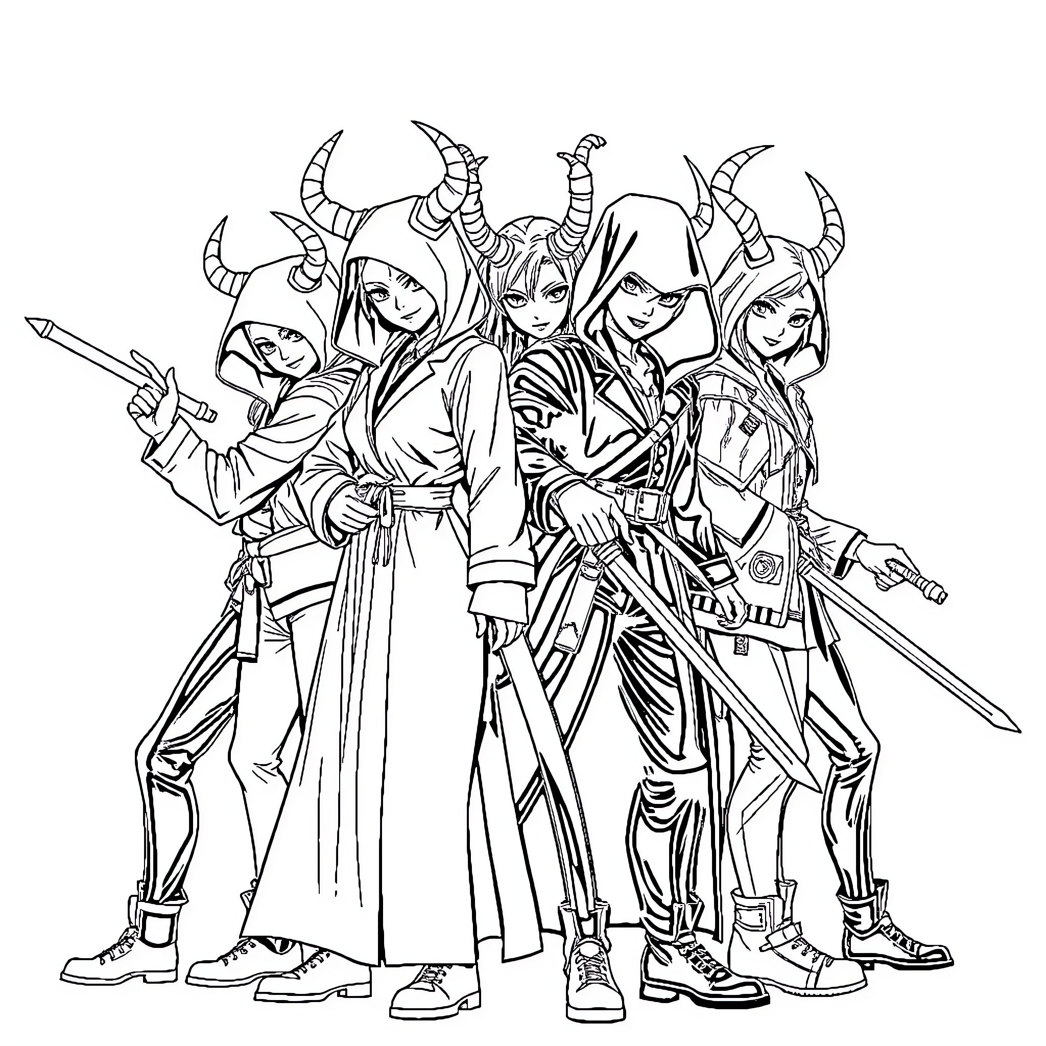 Demon Hunter Squad Gearing Up for Battle Coloring Page (free black-and-white line drawing printable PDF for all, from beginners to advanced learners, including children, teens, adults, and seniors)