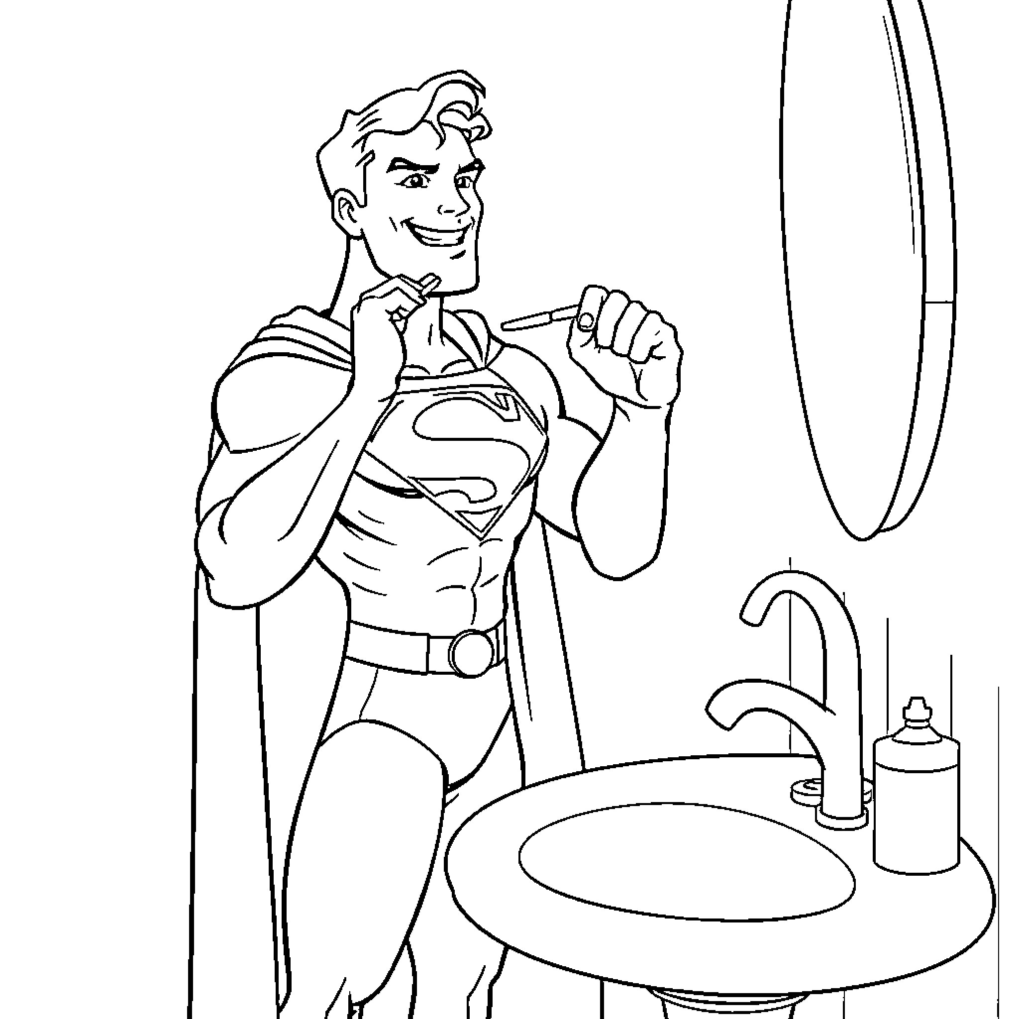 Superman shaving with a heroic smile Coloring Page (free black-and-white line drawing printable PDF for all, from beginners to advanced learners, including children, teens, adults, and seniors)