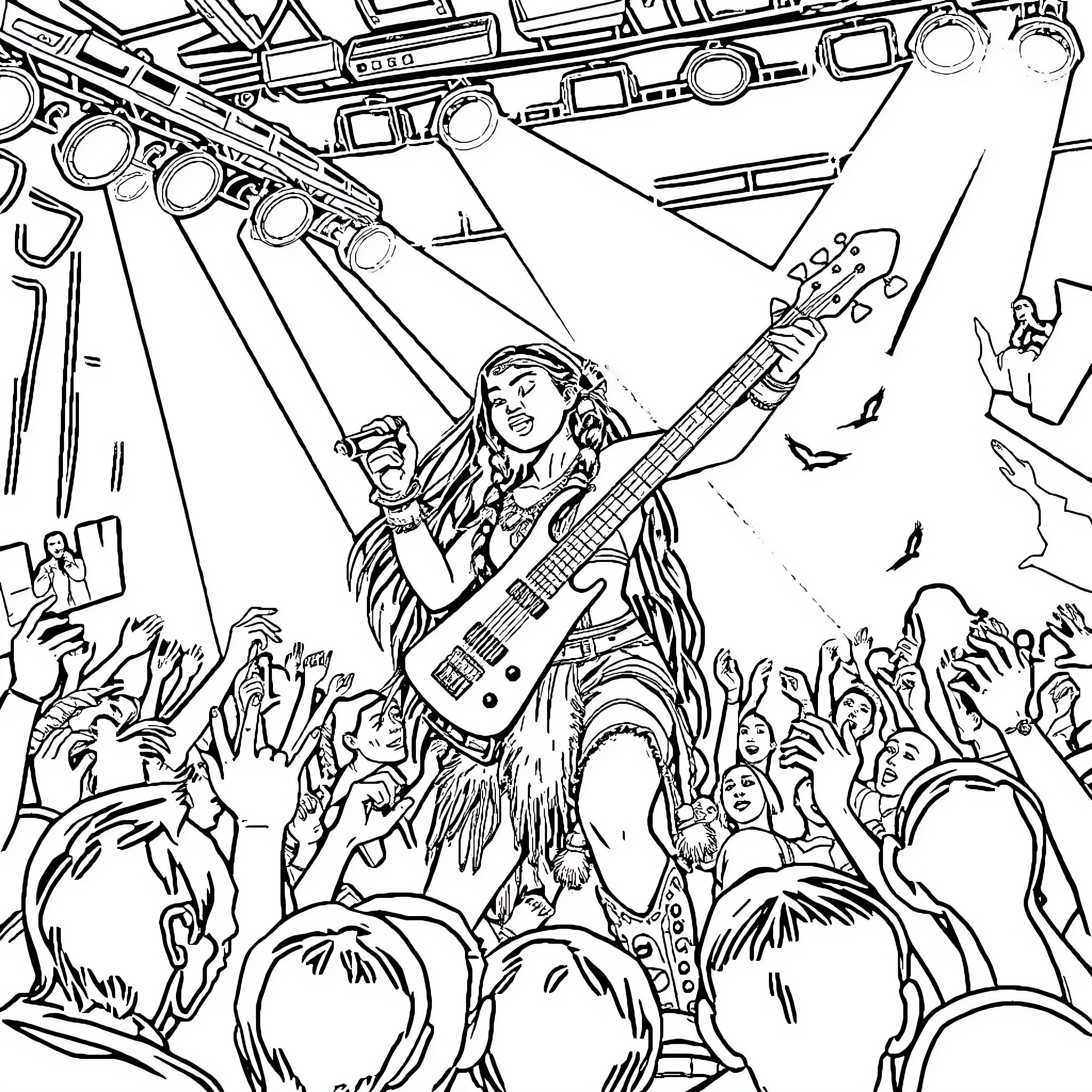 Pocahontas rocks the stage with her electric guitar Coloring Page (free black-and-white line drawing printable PDF for all, from beginners to advanced learners, including children, teens, adults, and seniors)