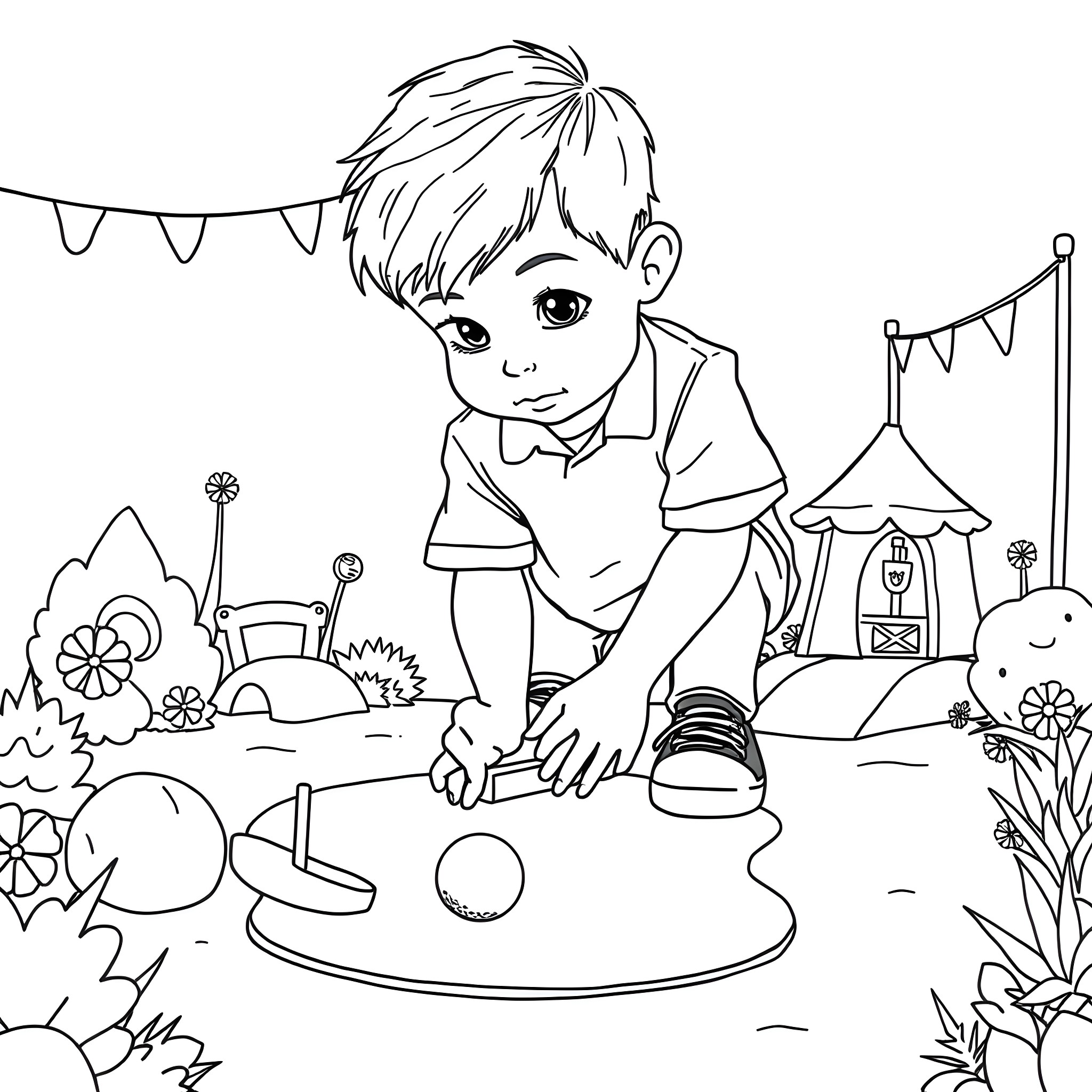 Boy playing in a whimsical outdoor scene Coloring Page (free black-and-white line drawing printable PDF for all, from beginners to advanced learners, including children, teens, adults, and seniors)