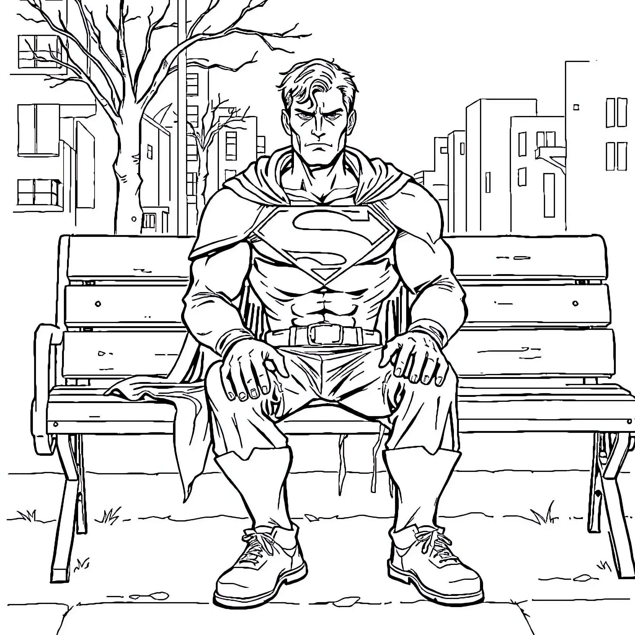 Superman resting on a bench in the city Coloring Page (free black-and-white line drawing printable PDF for all, from beginners to advanced learners, including children, teens, adults, and seniors)