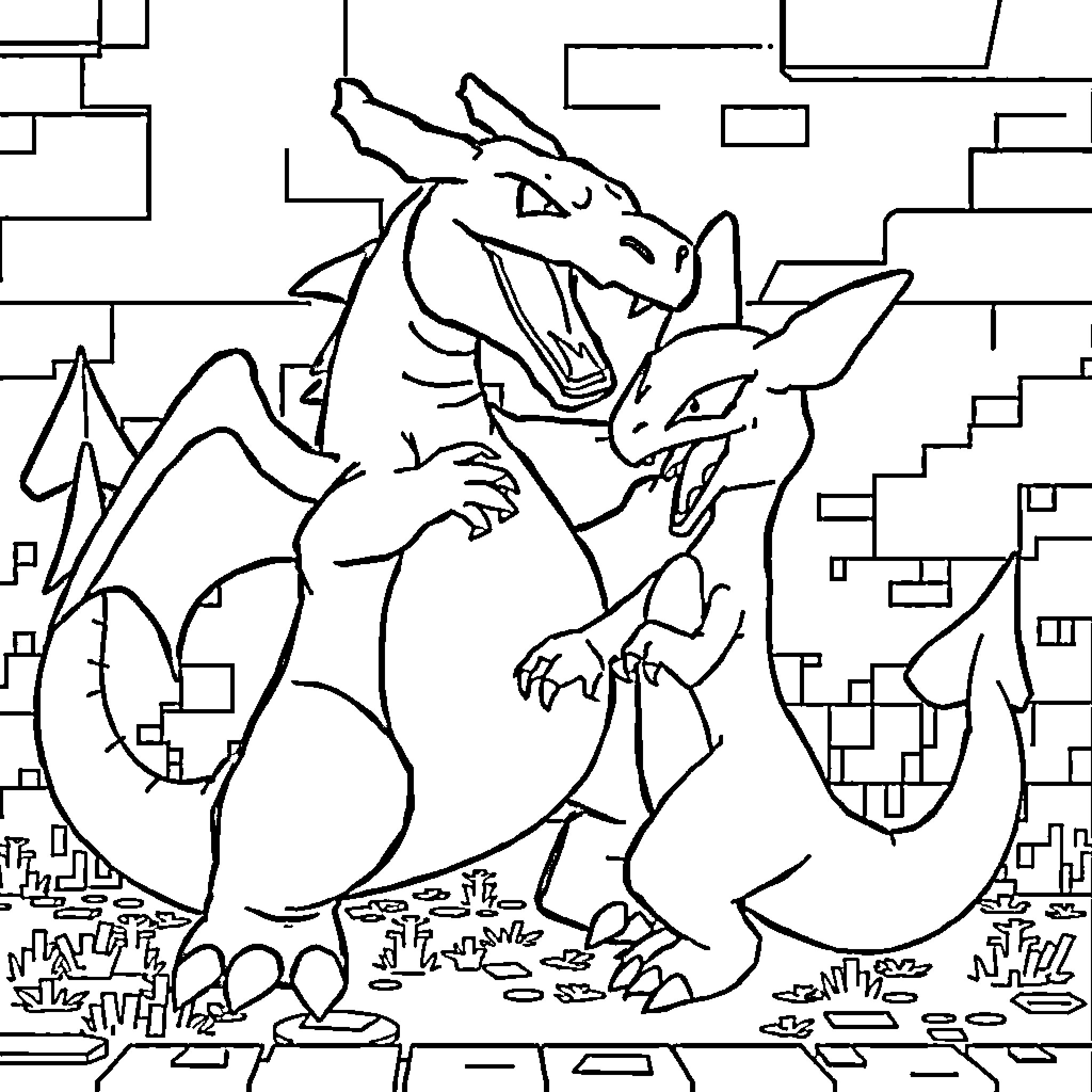 Charizard battling fiercely in the wilderness Coloring Page (free black-and-white line drawing printable PDF for all, from beginners to advanced learners, including children, teens, adults, and seniors)