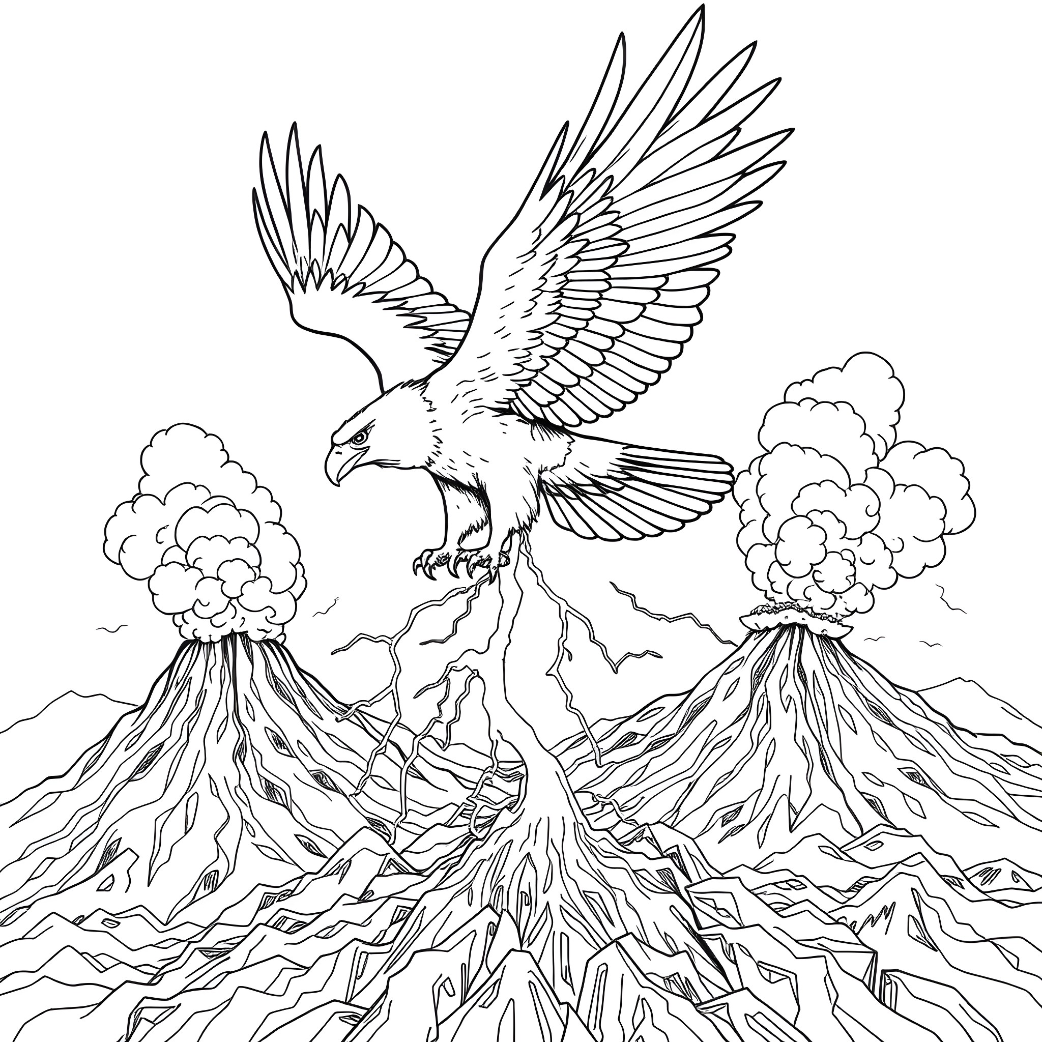 Eagle soaring above volcanic eruption Coloring Page (free black-and-white line drawing printable PDF for all, from beginners to advanced learners, including children, teens, adults, and seniors)