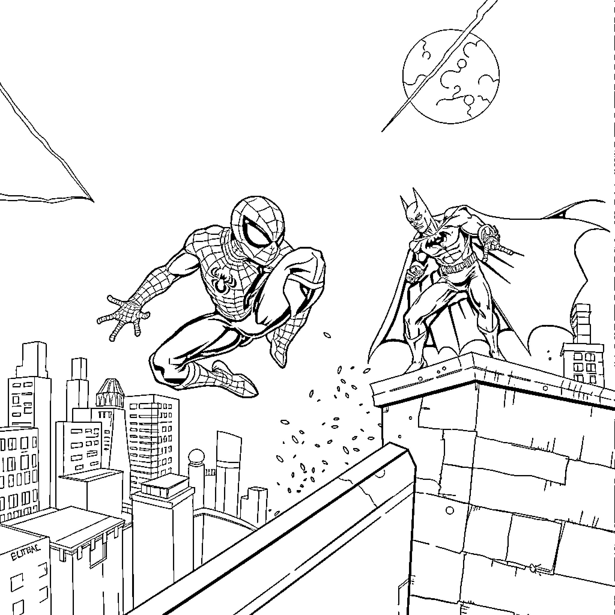 Spiderman and Batman facing off in the city Coloring Page (free black-and-white line drawing printable PDF for all, from beginners to advanced learners, including children, teens, adults, and seniors)