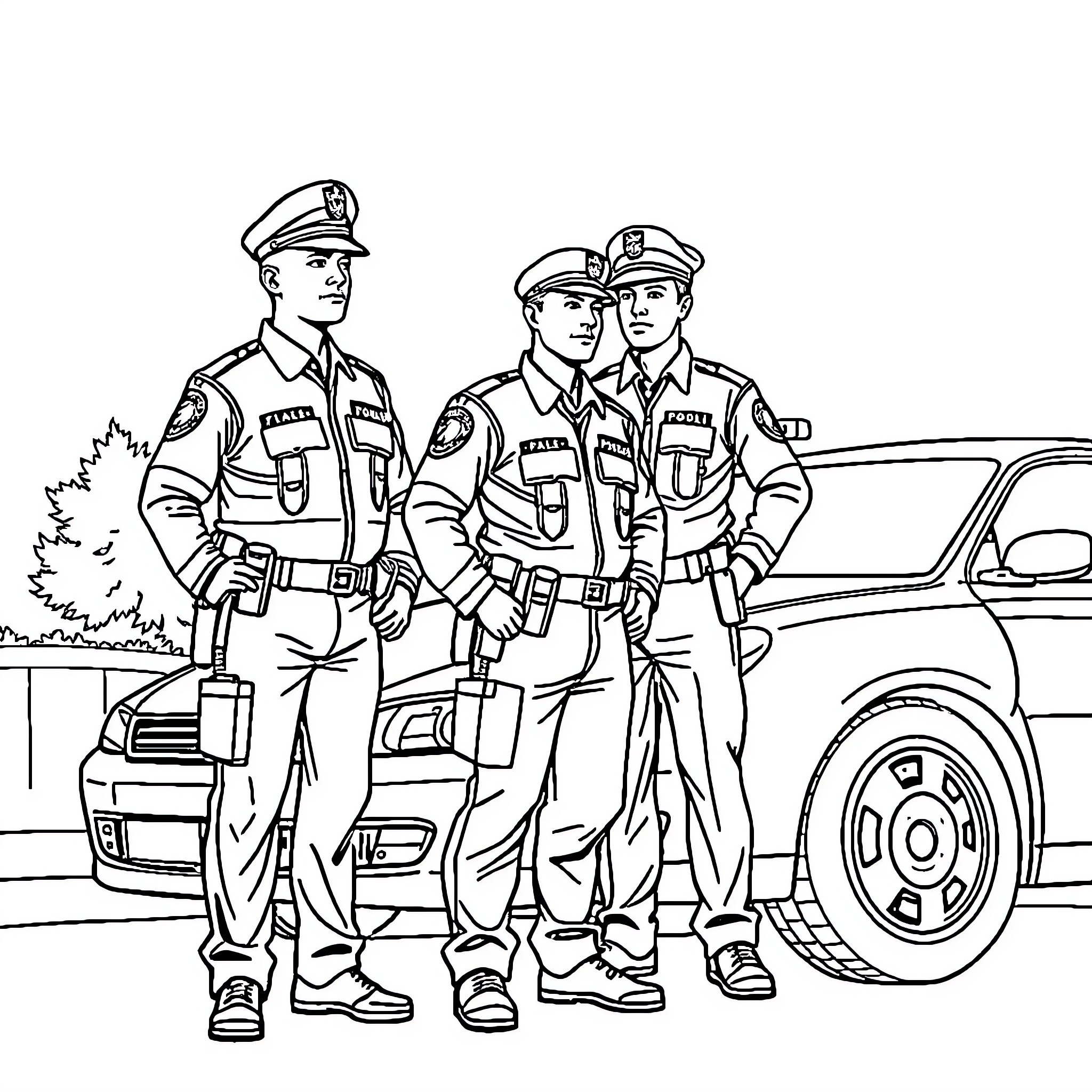 Police Officers in Uniform Interacting at Crime Scene Coloring Page (free black-and-white line drawing printable PDF for all, from beginners to advanced learners, including children, teens, adults, and seniors)