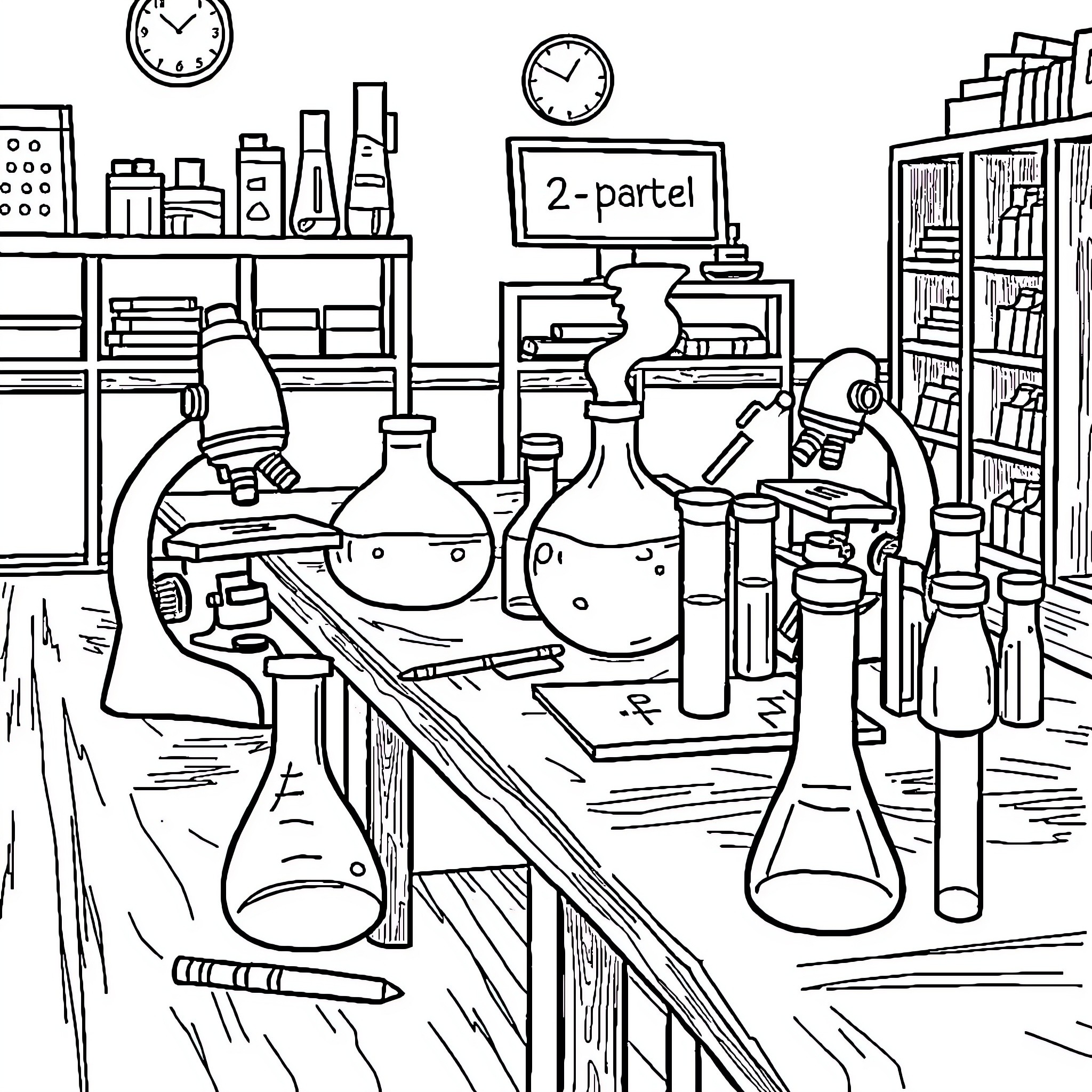 Science Tool Classroom with Lab Equipment Coloring Page (free black-and-white line drawing printable PDF for all, from beginners to advanced learners, including children, teens, adults, and seniors)